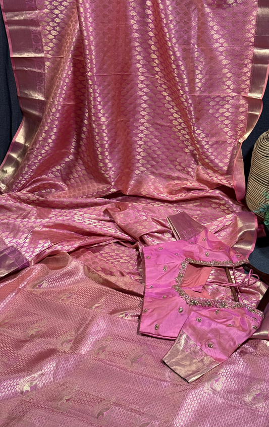 Luxury Pink Kanchipuram Silk Saree with Gold Zari Borders and Embroidered Stitched Blouse