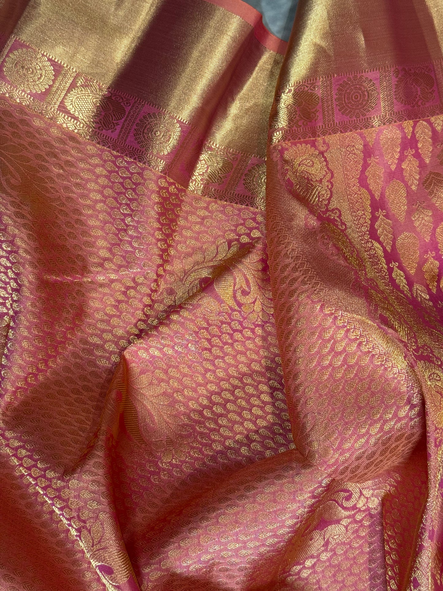 Luxury Pink Kanchipuram Silk Saree with Gold Zari Borders and Embroidered Stitched Blouse