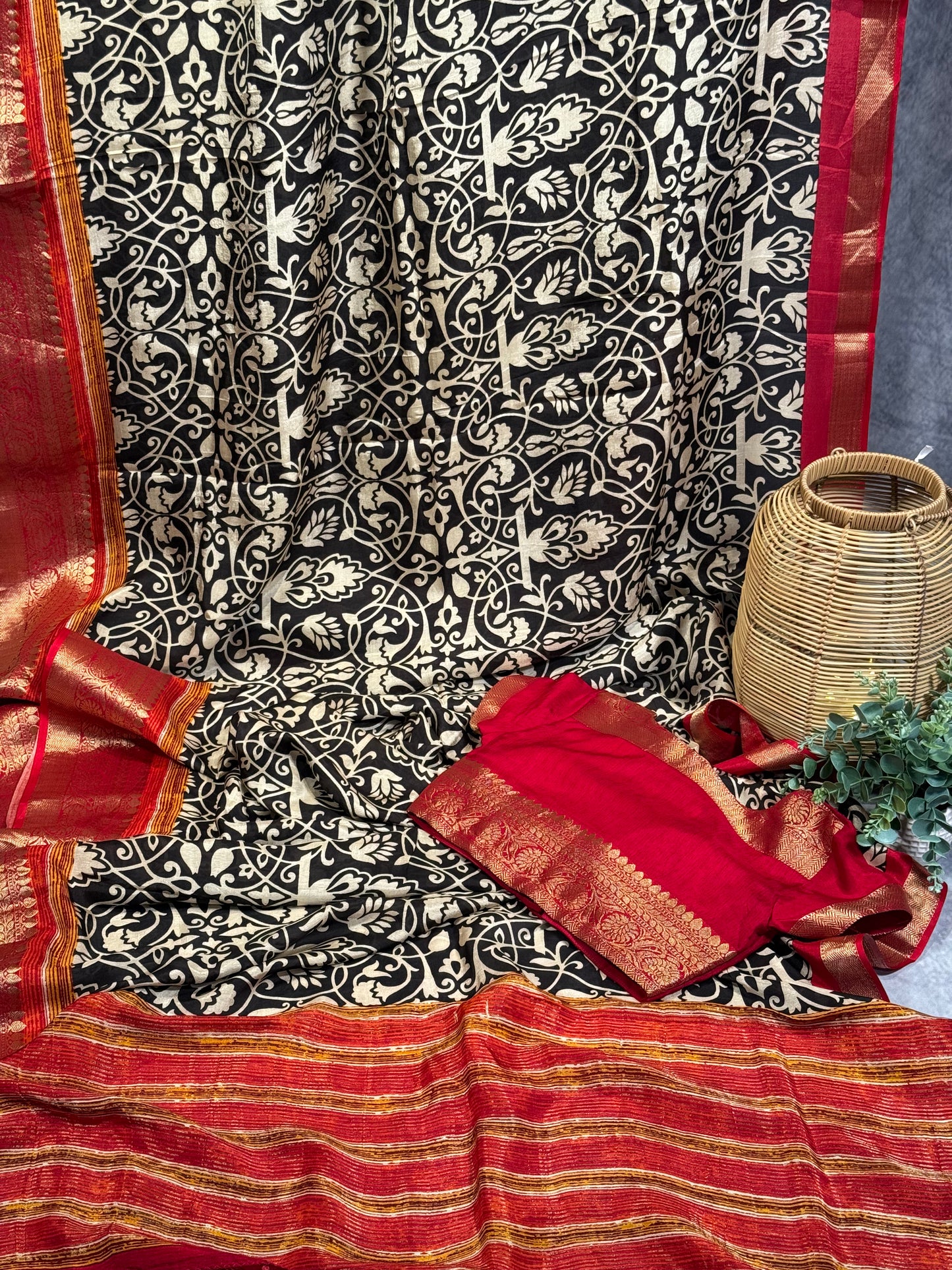 Classic White-Black Designer Dola Silk Saree with Bold Red Zari Border and Stitched Blouse