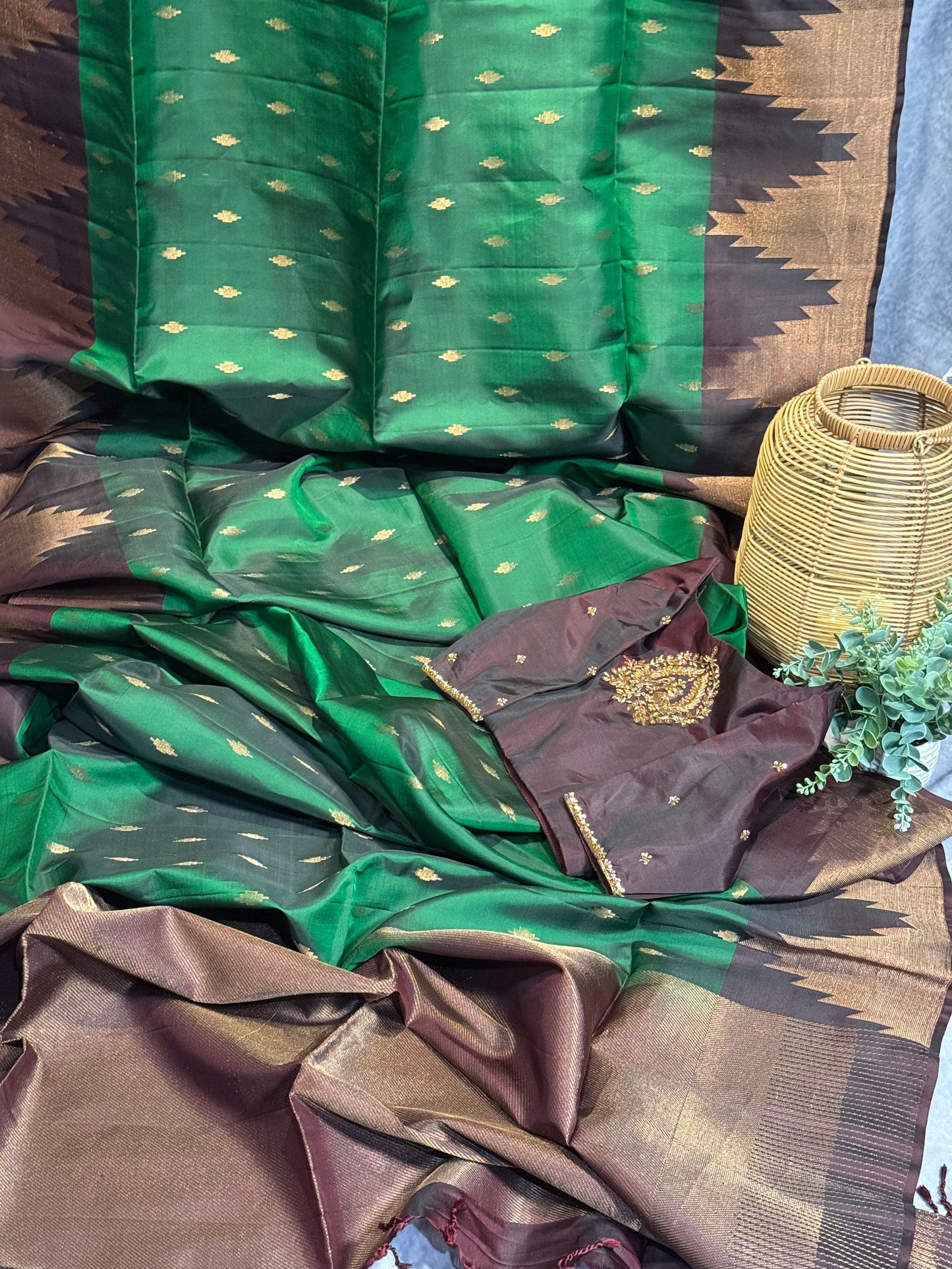 Green Soft Silk Saree with Rich Brown Border and Stitched Blouse