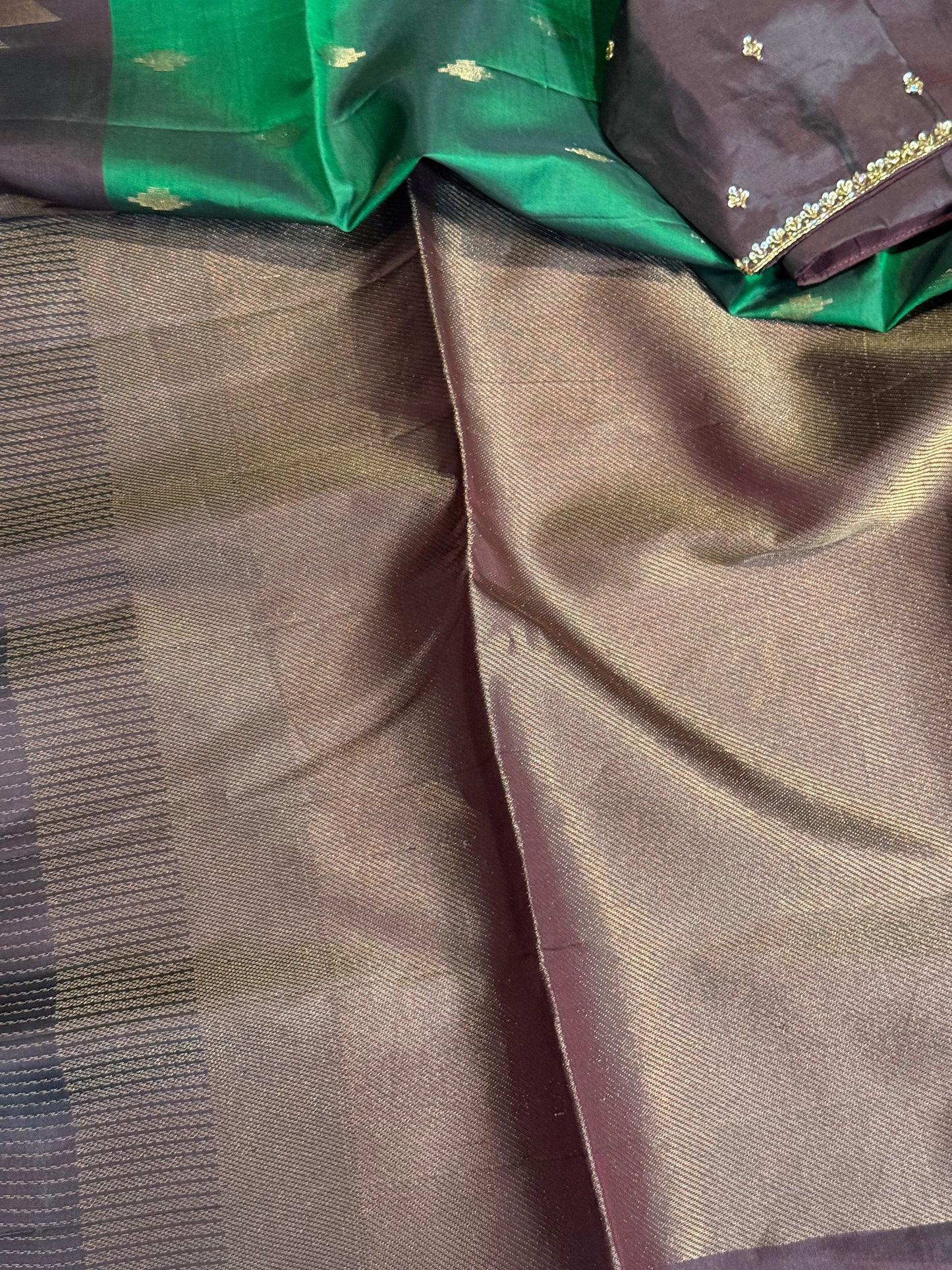 Green Soft Silk Saree with Rich Brown Border and Stitched Blouse