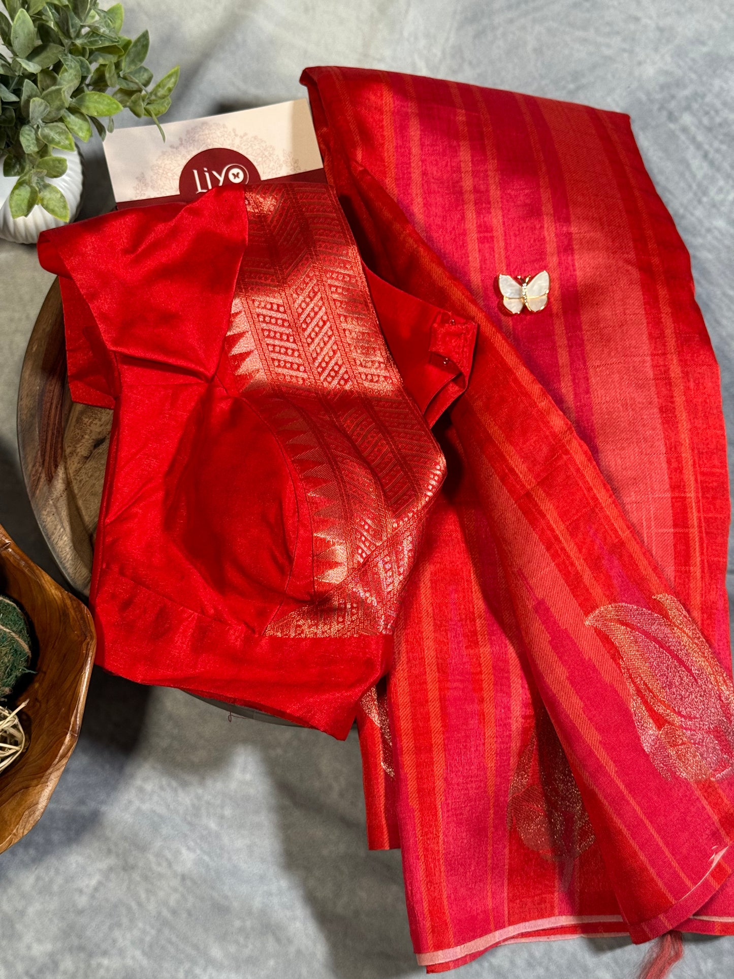 Elegant Red Semi Mashru Silk Saree with Zari Leaf Motifs and Ready Stitched Blouse