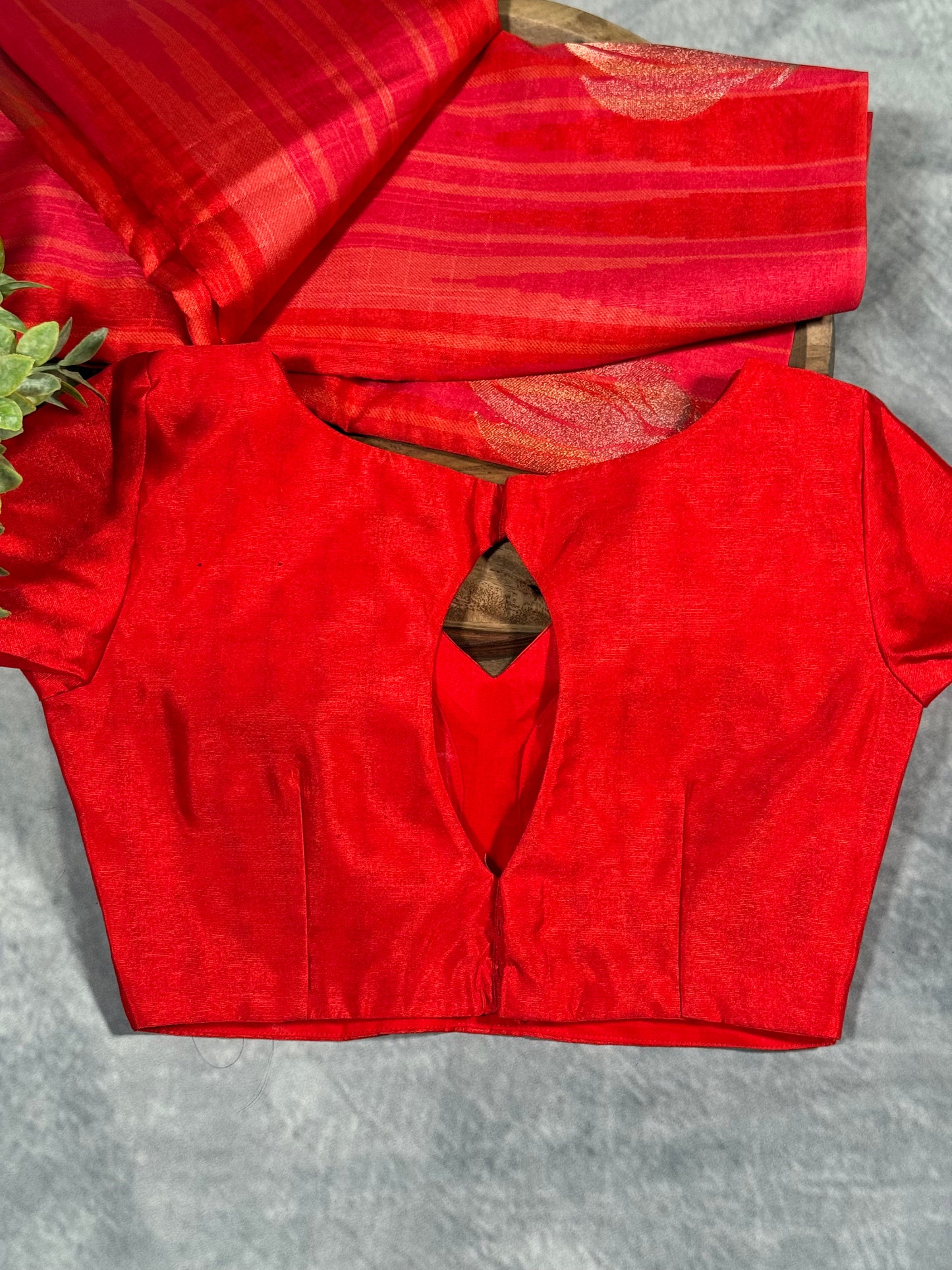 Elegant Red Semi Mashru Silk Saree with Zari Leaf Motifs and Ready Stitched Blouse