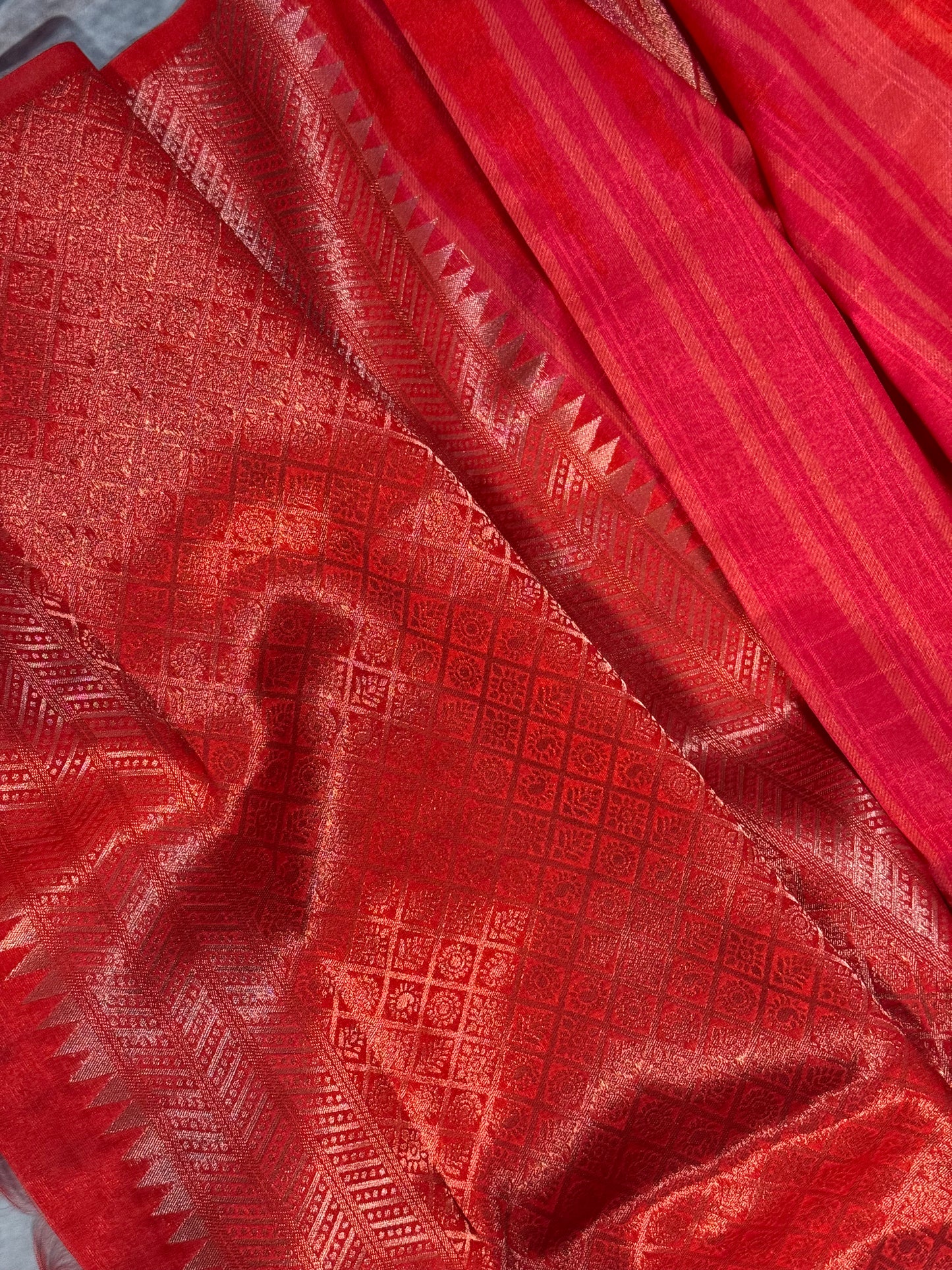 Elegant Red Semi Mashru Silk Saree with Zari Leaf Motifs and Ready Stitched Blouse