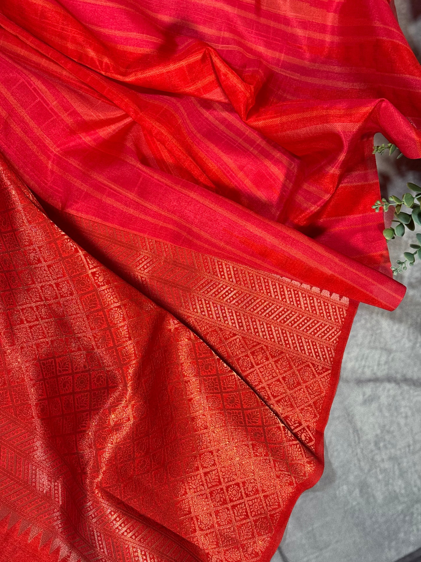 Elegant Red Semi Mashru Silk Saree with Zari Leaf Motifs and Ready Stitched Blouse
