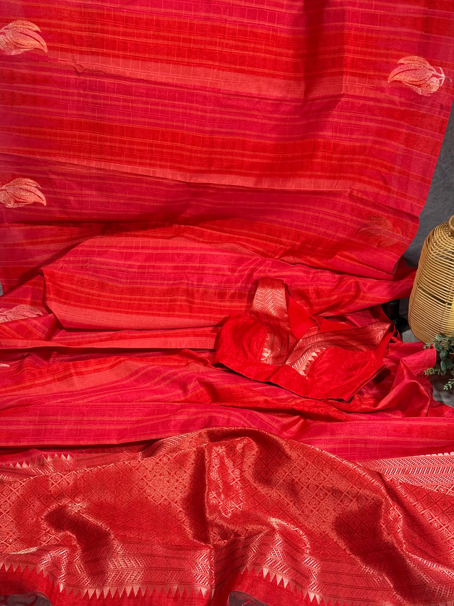 Elegant Red Semi Mashru Silk Saree with Zari Leaf Motifs and Ready Stitched Sleeveless Blouse