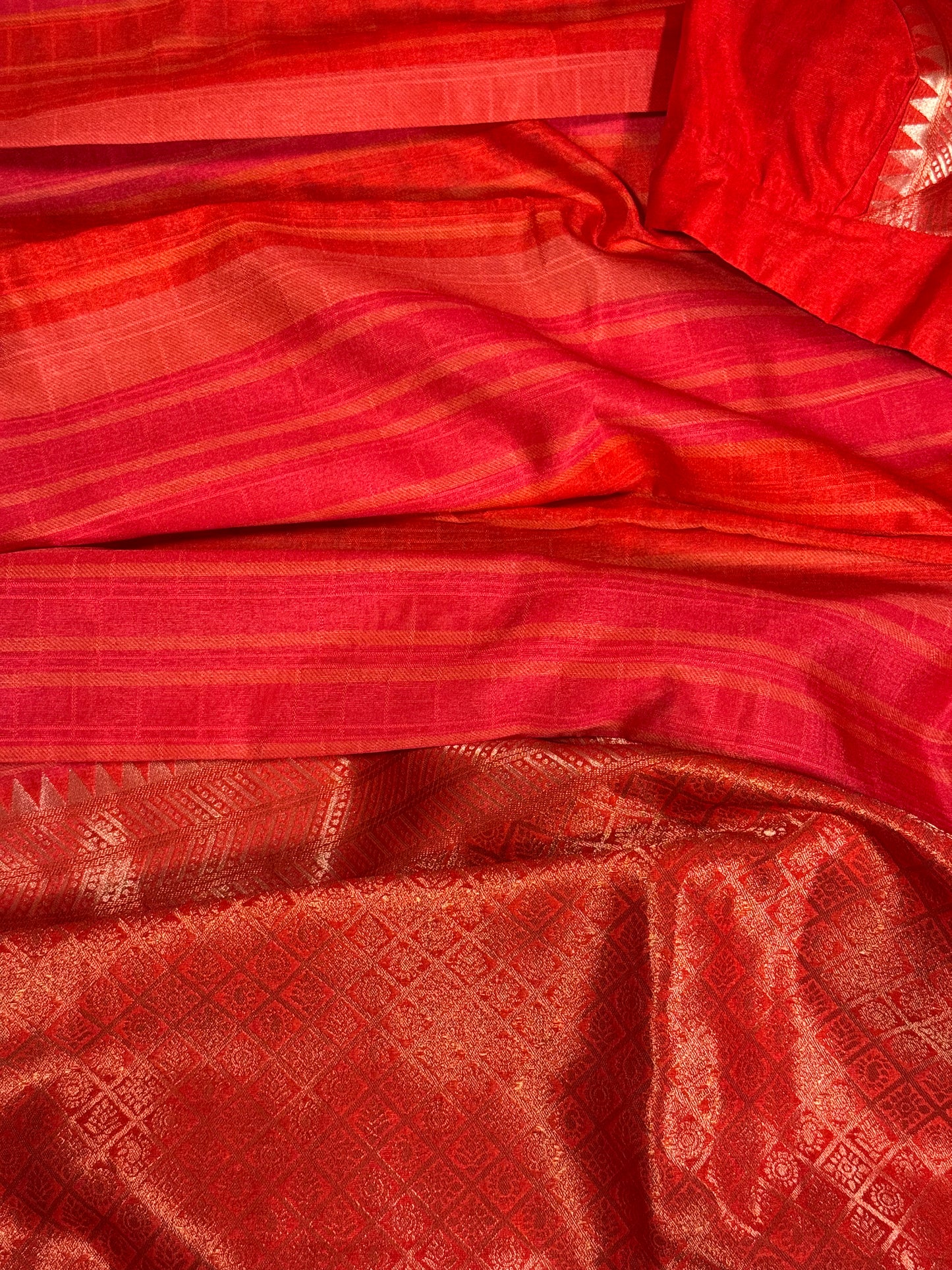 Elegant Red Semi Mashru Silk Saree with Zari Leaf Motifs and Ready Stitched Blouse