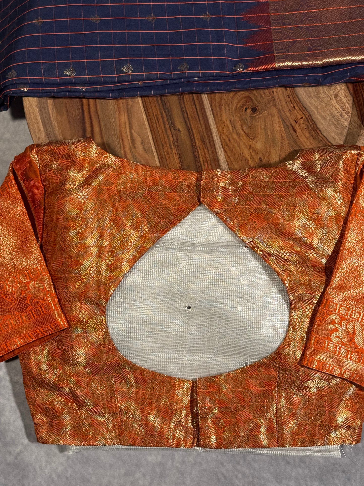 Navy Blue Semi Gadwal Silk Saree with Ornate Orange Border and Pallu, Comes with Stitched Blouse