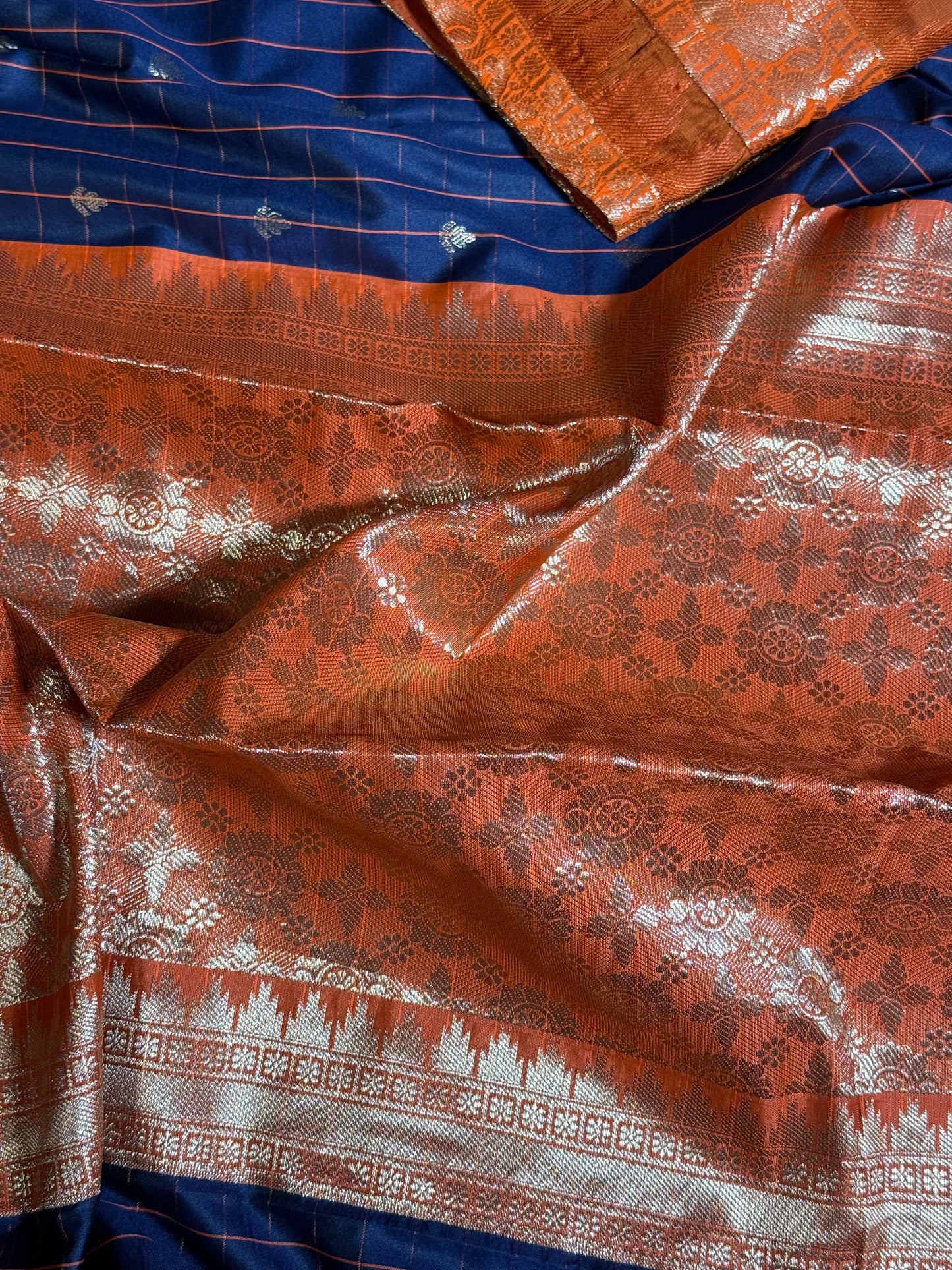 Navy Blue Semi Gadwal Silk Saree with Ornate Orange Border and Pallu, Comes with Stitched Blouse