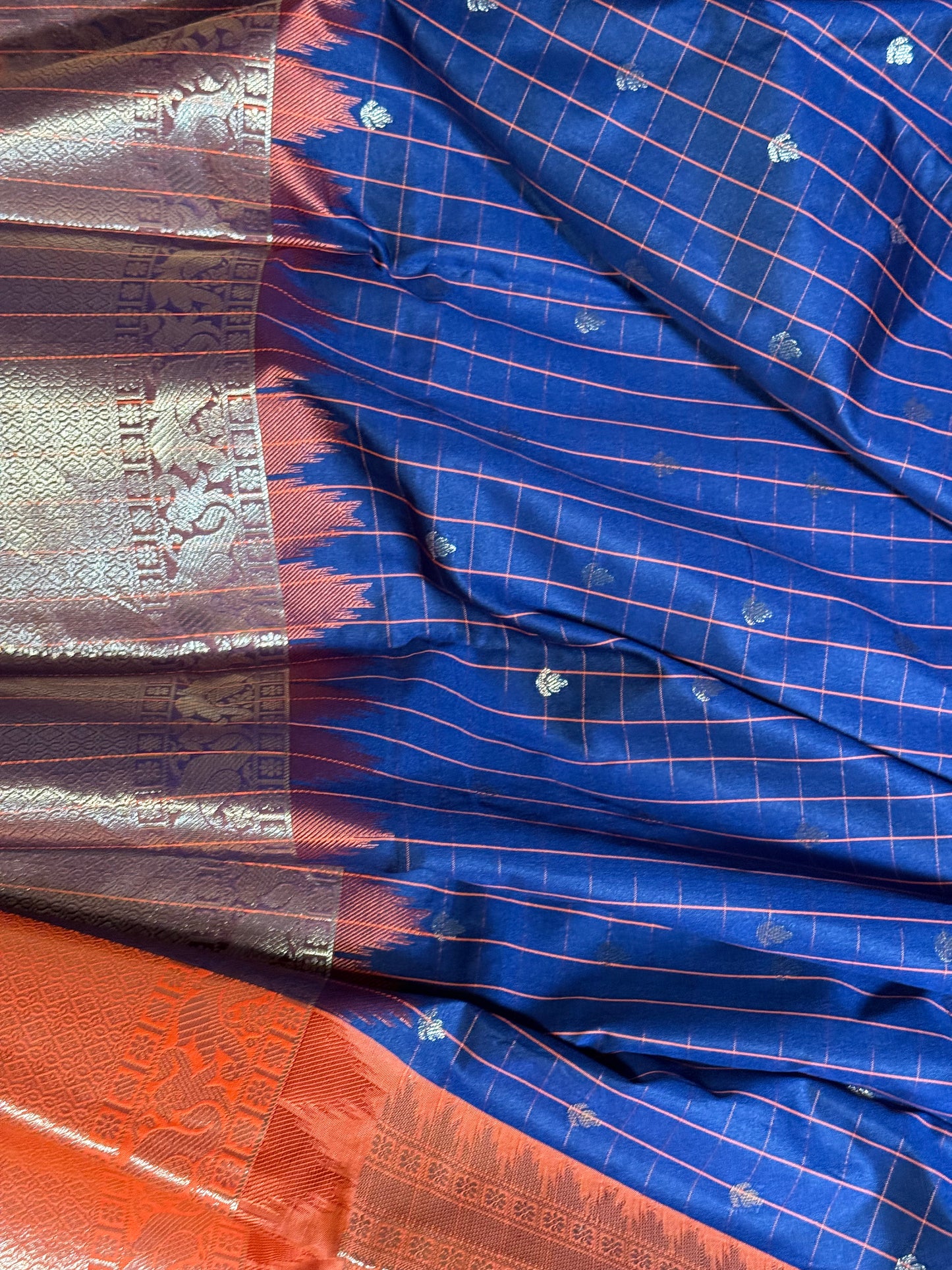 Navy Blue Semi Gadwal Silk Saree with Ornate Orange Border and Pallu, Comes with Stitched Blouse