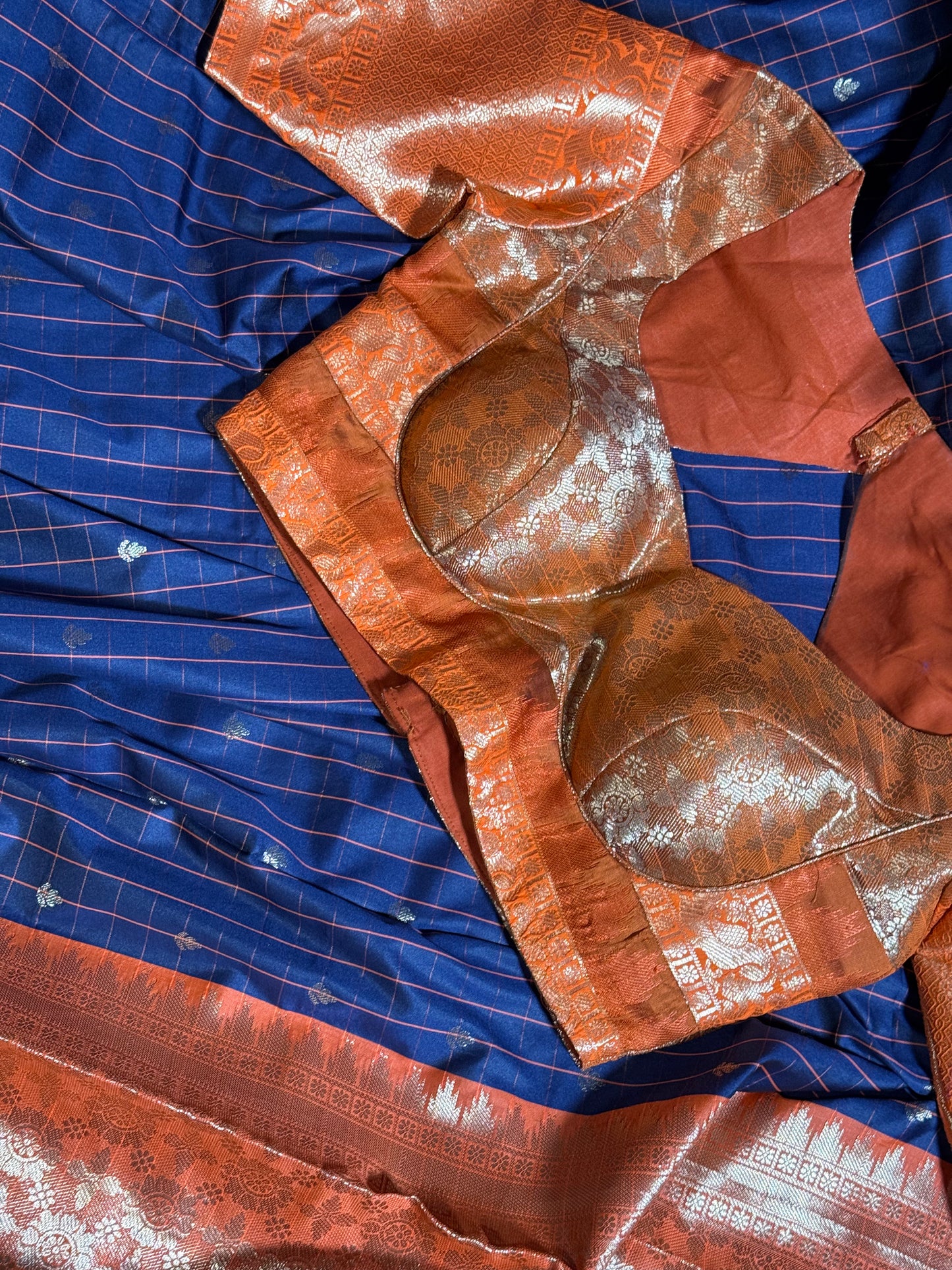 Navy Blue Semi Gadwal Silk Saree with Ornate Orange Border and Pallu, Comes with Stitched Blouse