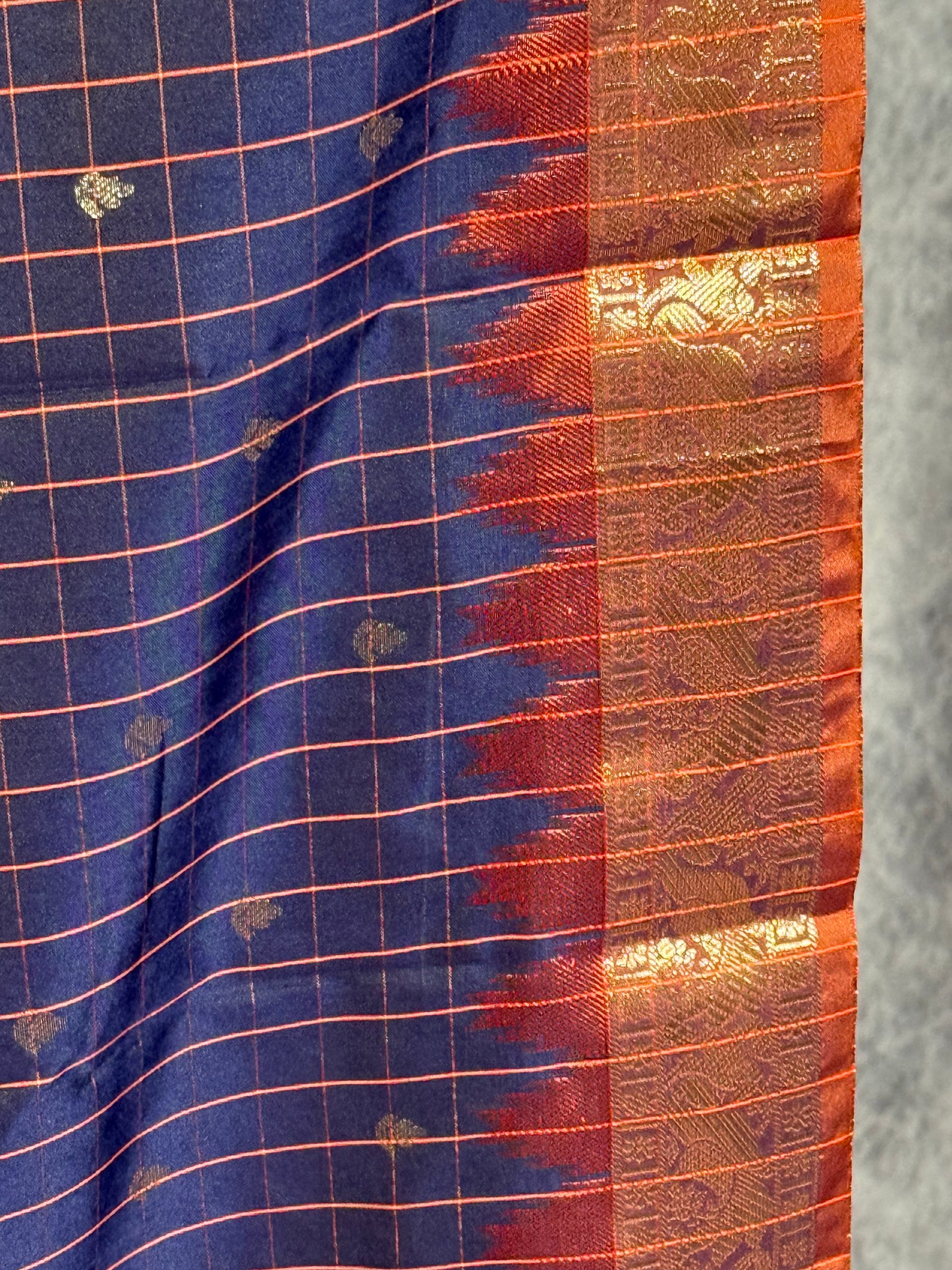 Navy Blue Semi Gadwal Silk Saree with Ornate Orange Border and Pallu, Comes with Stitched Blouse