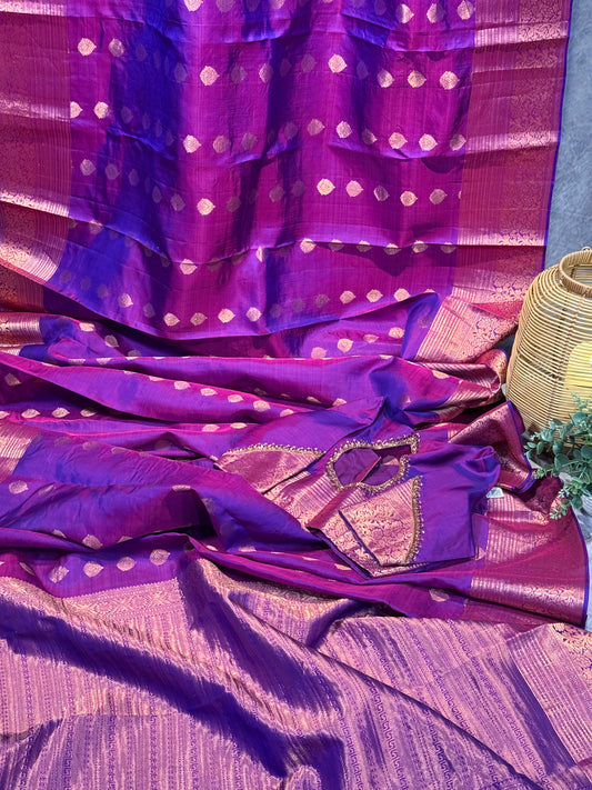 Purple Kanchipuram Silk Saree with Copper Zari Border & Pallu and Embroidered Stitched Blouse