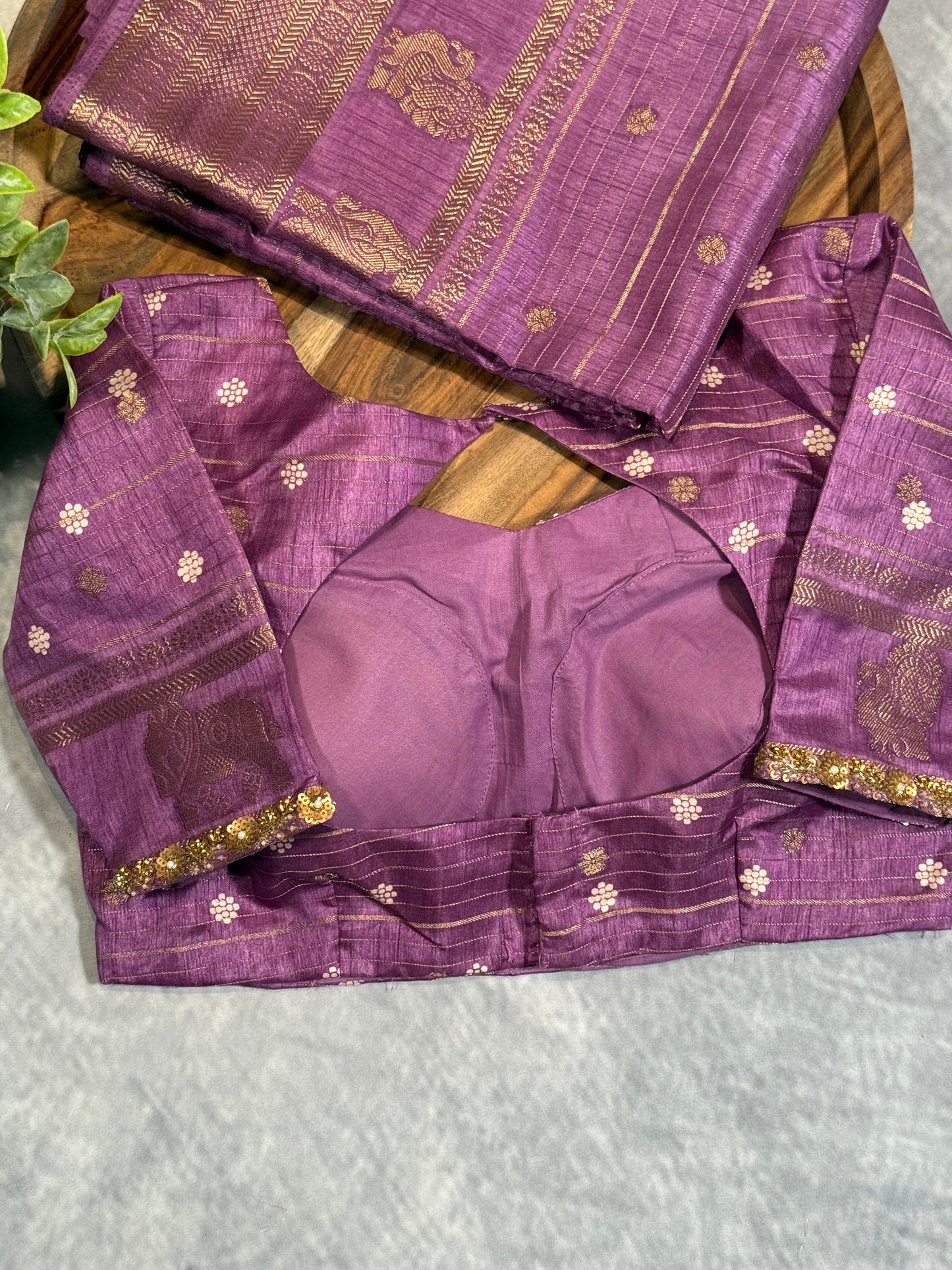Purple Designer Saree with Rich Zari Border and Stitched Blouse