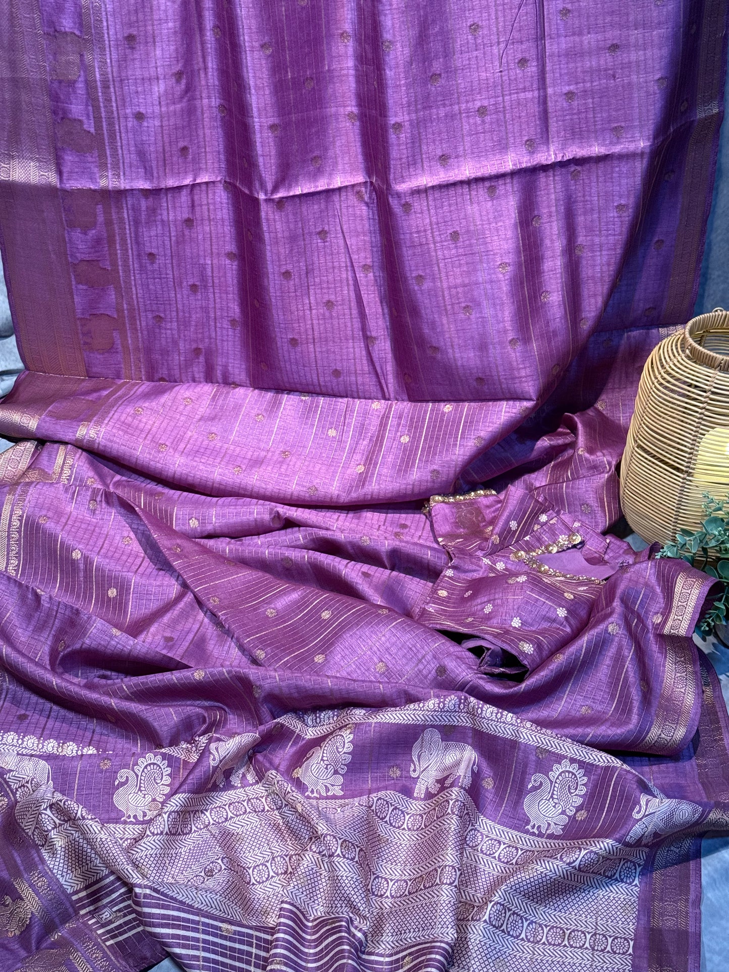 Purple Designer Saree with Rich Zari Border and Stitched Blouse