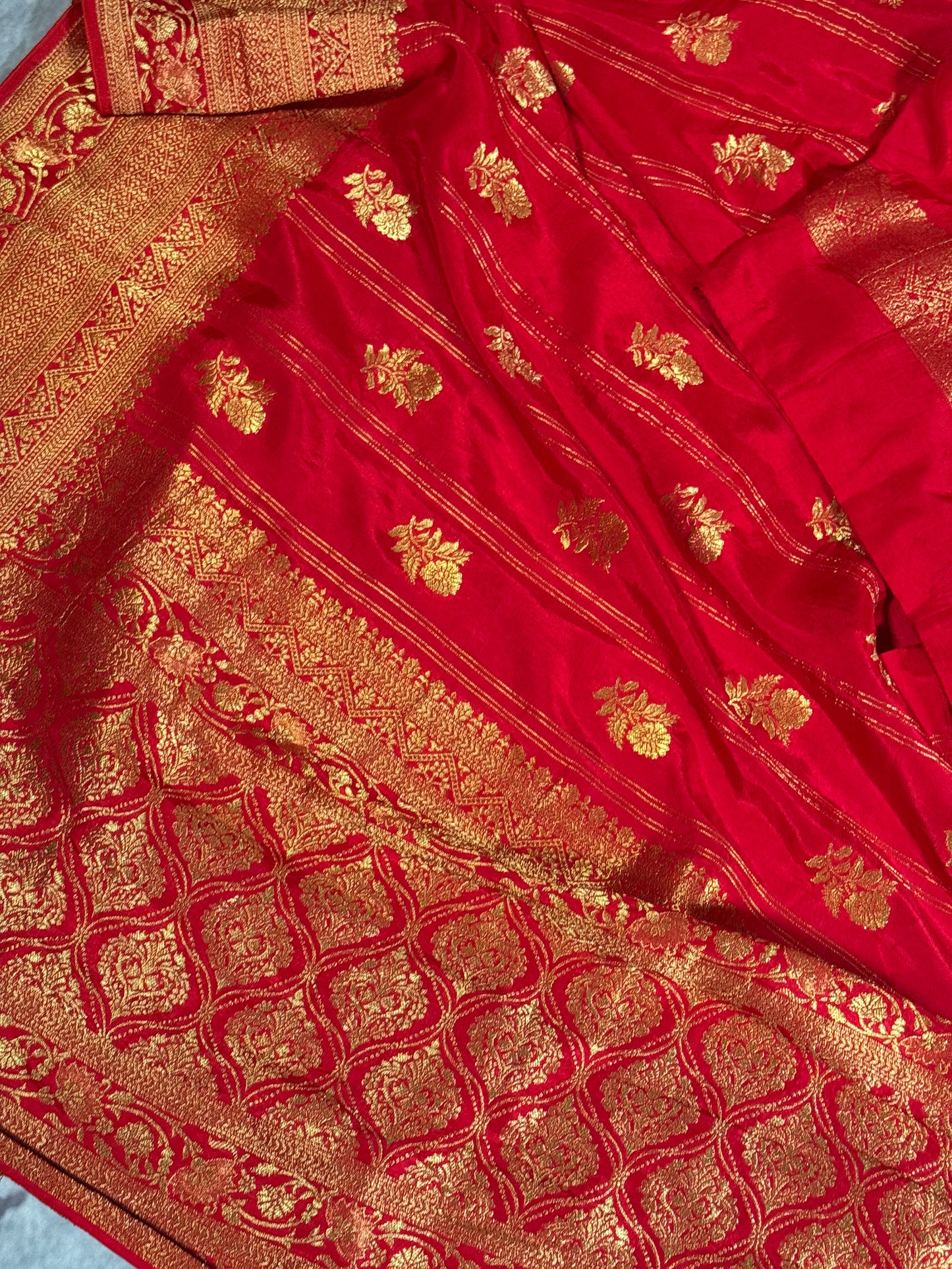 Red Designer Saree with Golden Zari Border and Stitched Blouse