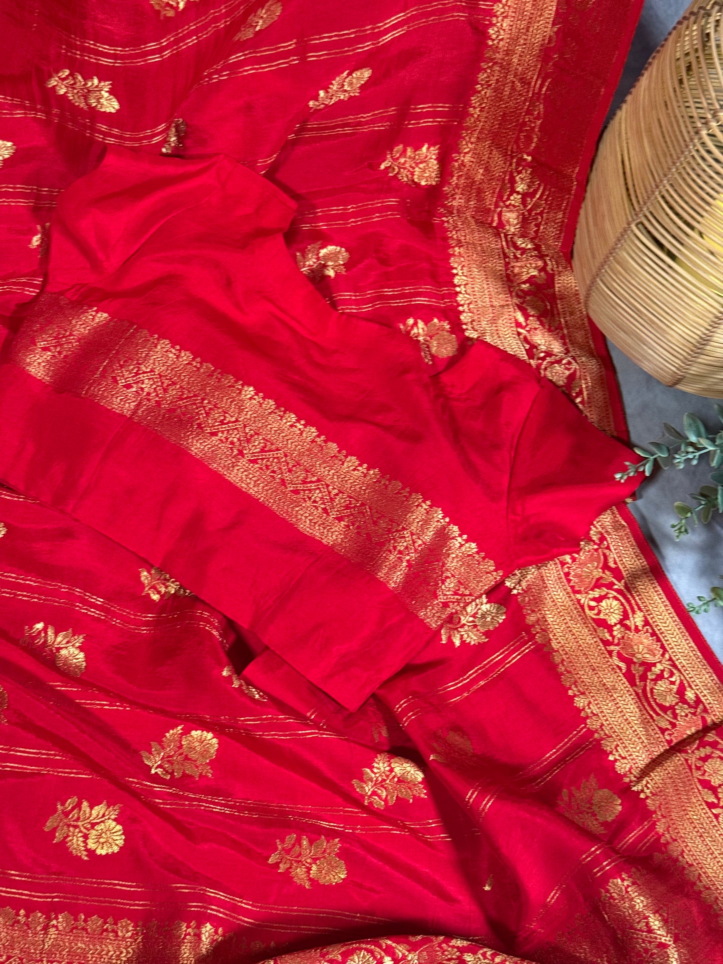 Red Designer Saree with Golden Zari Border and Stitched Blouse