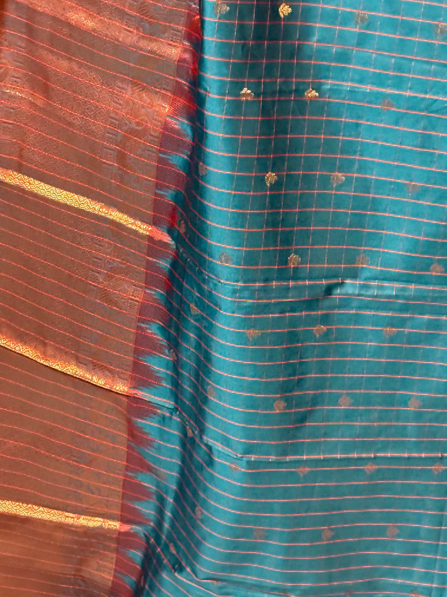 Blue Semi Gadwal Silk Saree with Ornate Orange Border and Pallu, Comes with Stitched Blouse