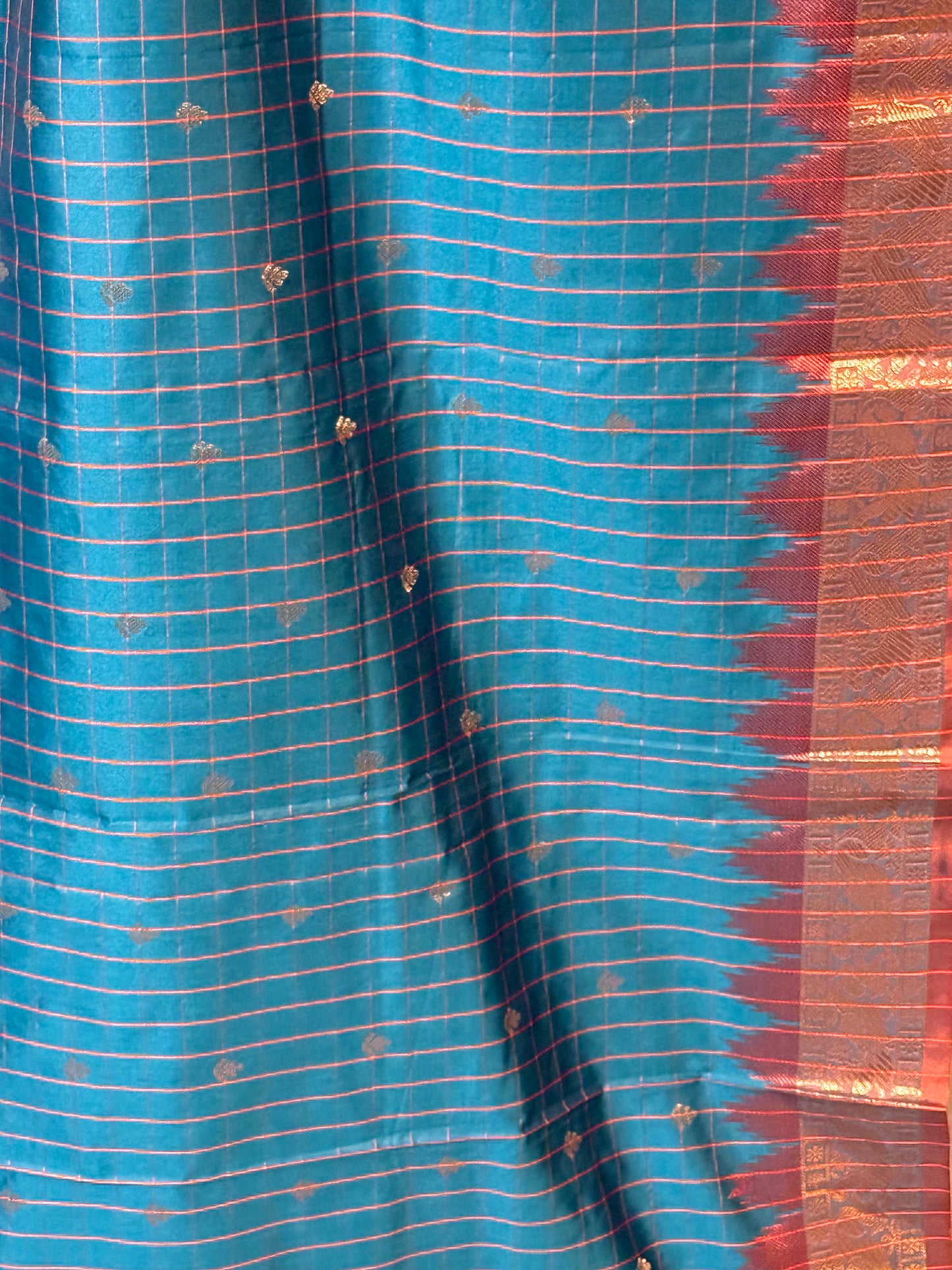Blue Semi Gadwal Silk Saree with Ornate Orange Border and Pallu, Comes with Stitched Blouse