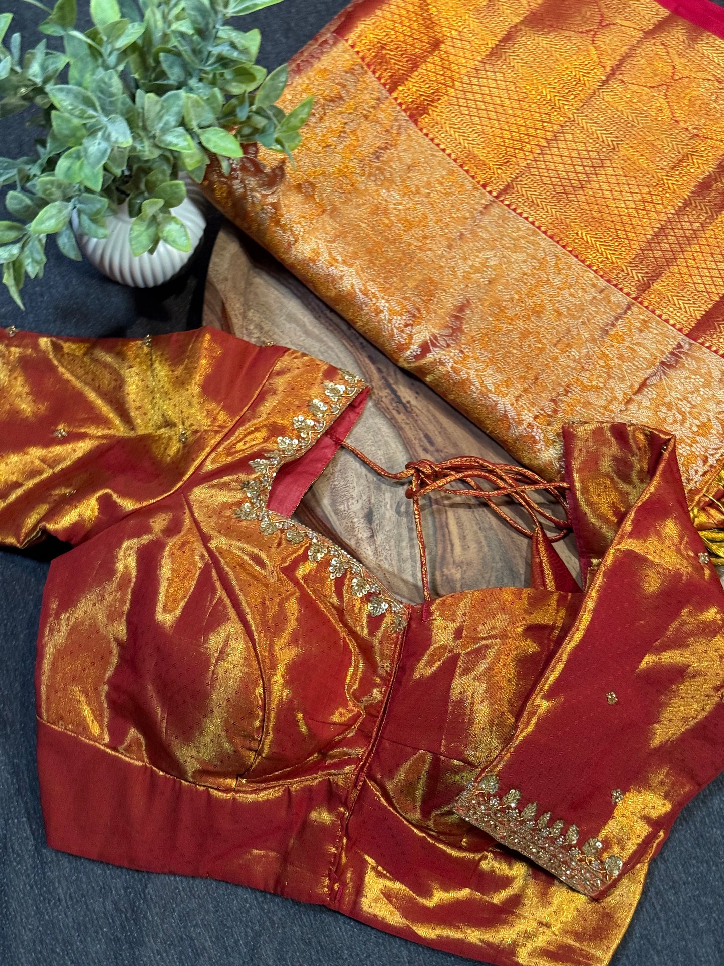 Golden Red Kanchi Tissue Saree & Ready-to-Wear Embroidered Blouse – Size 36