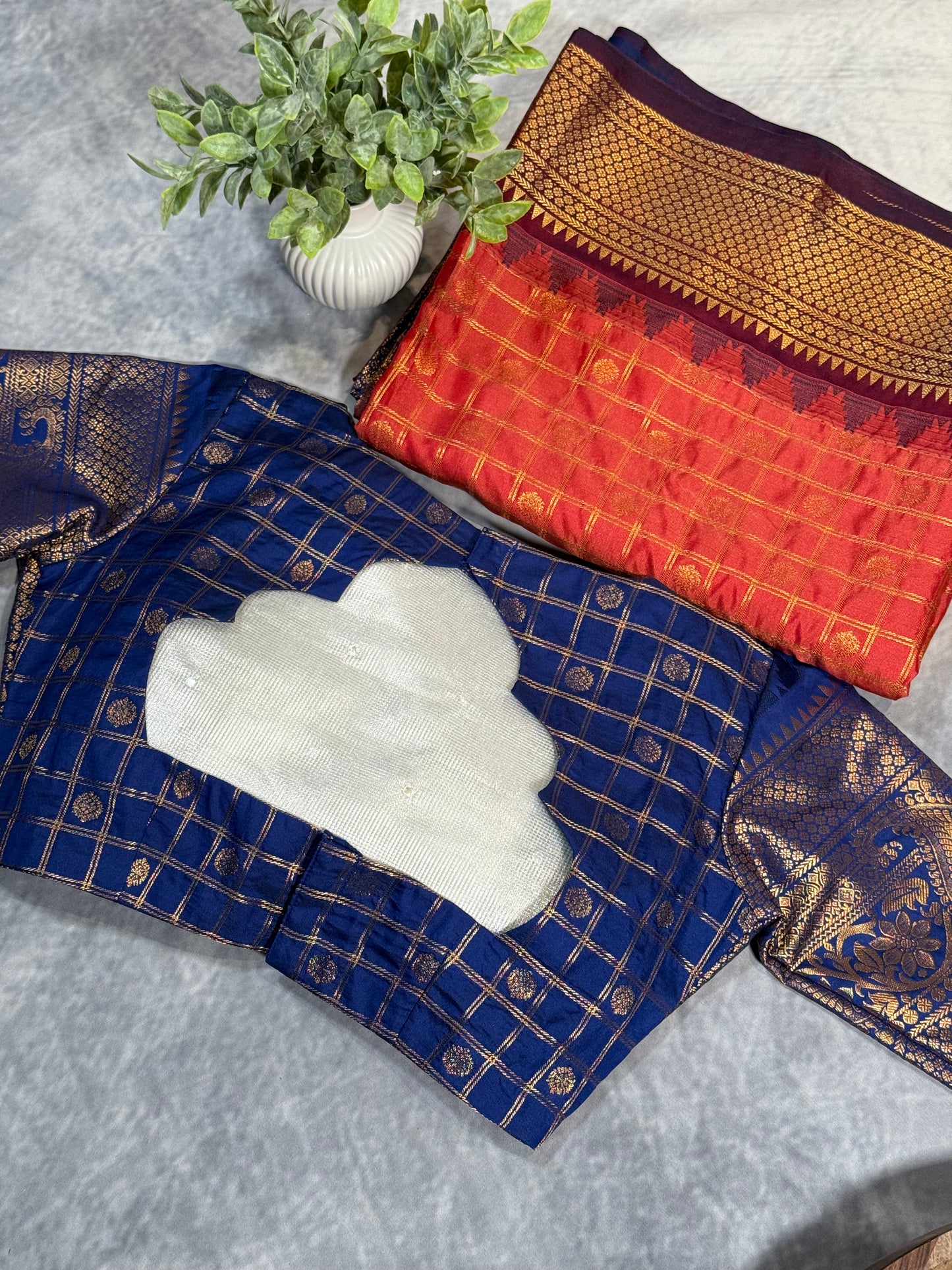 Brick Orange Semi Gadwal Silk Saree with Ornate Coffee Brown Border, Comes with Stitched Blouse