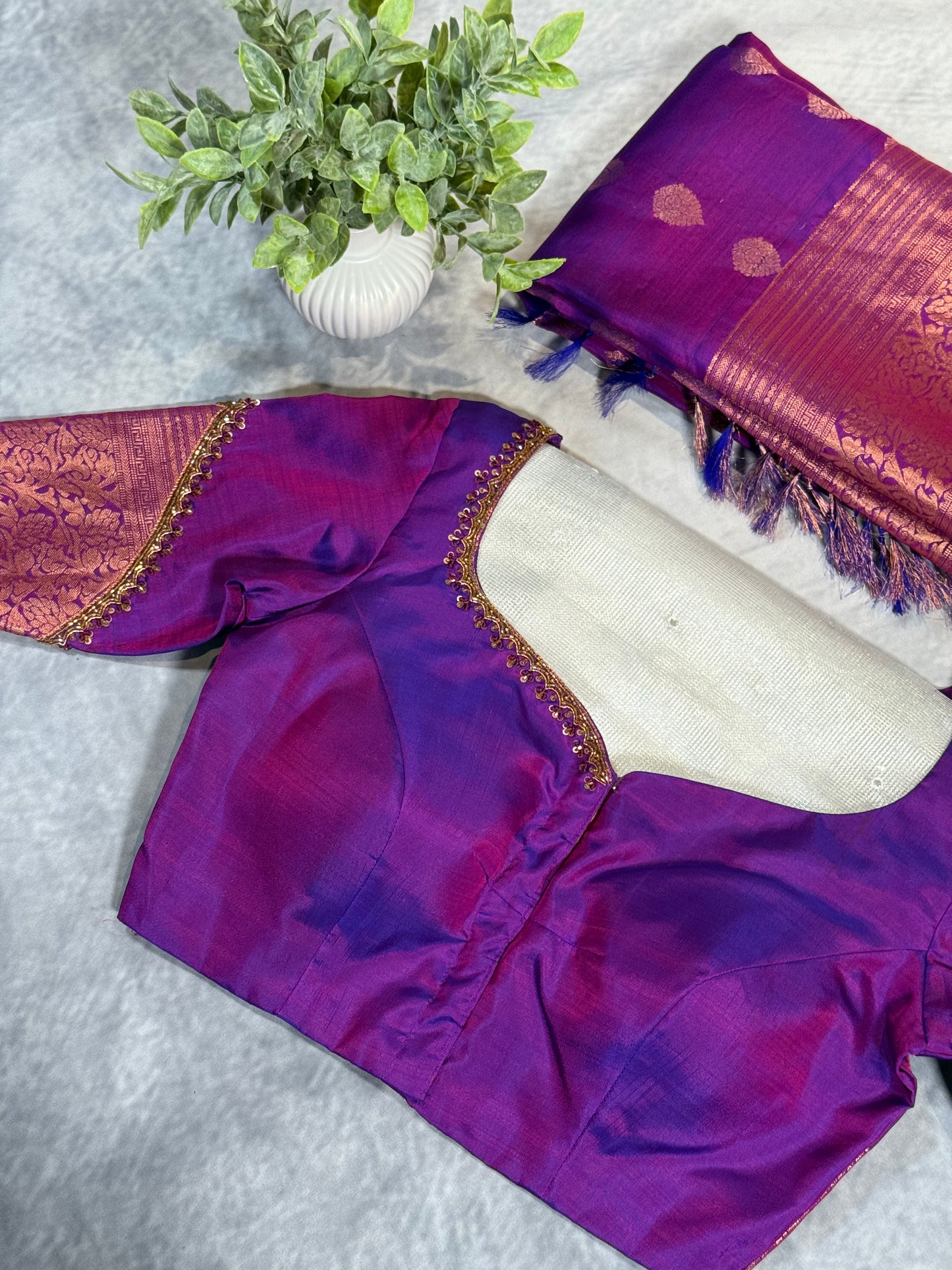 Purple Kanchipuram Silk Saree with Copper Zari Border & Pallu and Embroidered Stitched Blouse