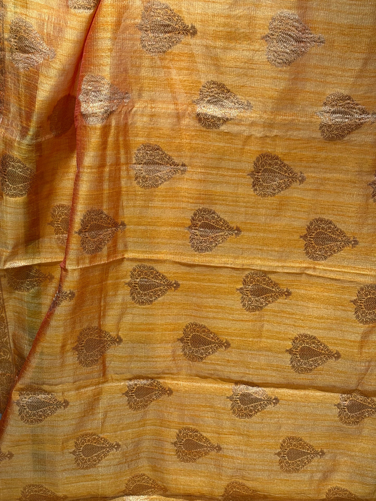 Stylish Light Yellow Tissue Organza Saree with Crush Texture and Stitched Blouse