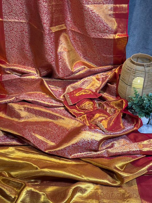 Golden Red Kanchi Tissue Saree & Ready-to-Wear Embroidered Blouse – Size 36