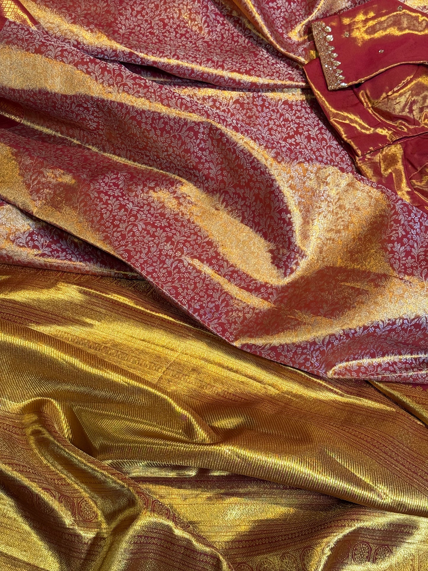 Golden Red Kanchi Tissue Saree & Ready-to-Wear Embroidered Blouse – Size 36