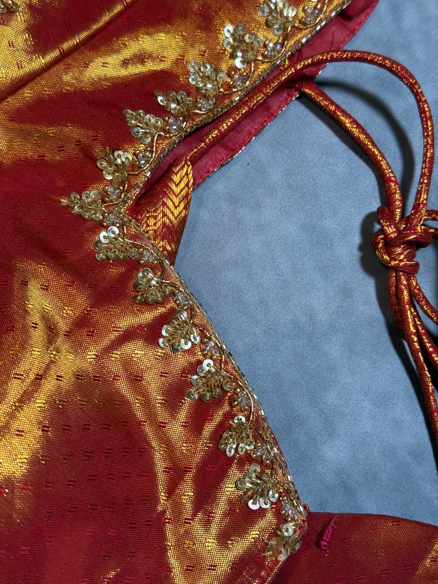 Golden Red Kanchi Tissue Saree & Ready-to-Wear Embroidered Blouse – Size 36
