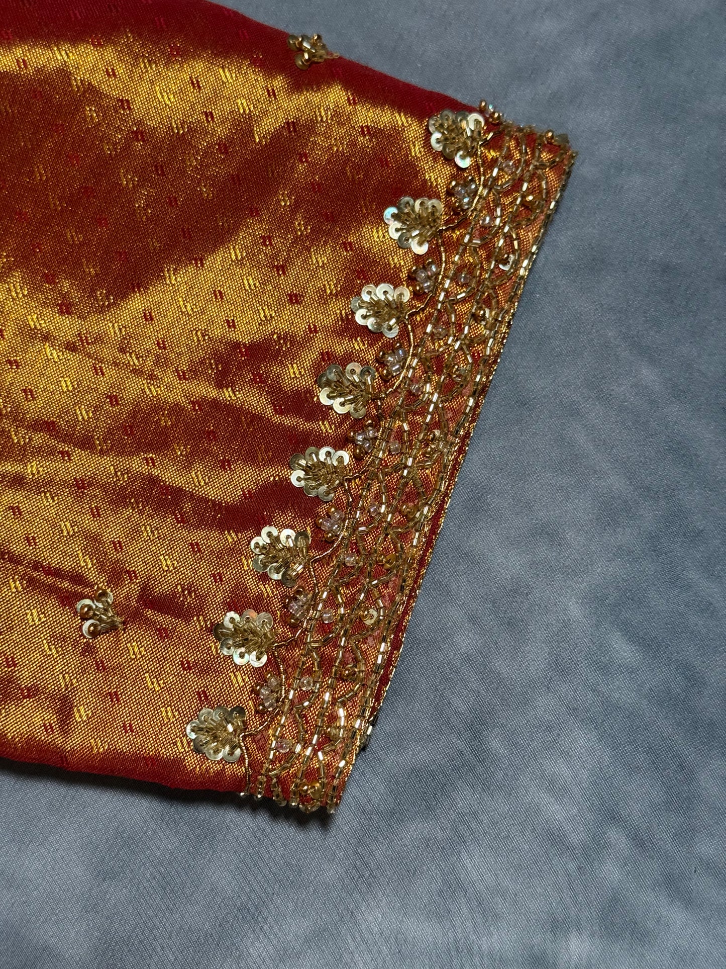 Golden Red Kanchi Tissue Saree & Ready-to-Wear Embroidered Blouse – Size 36