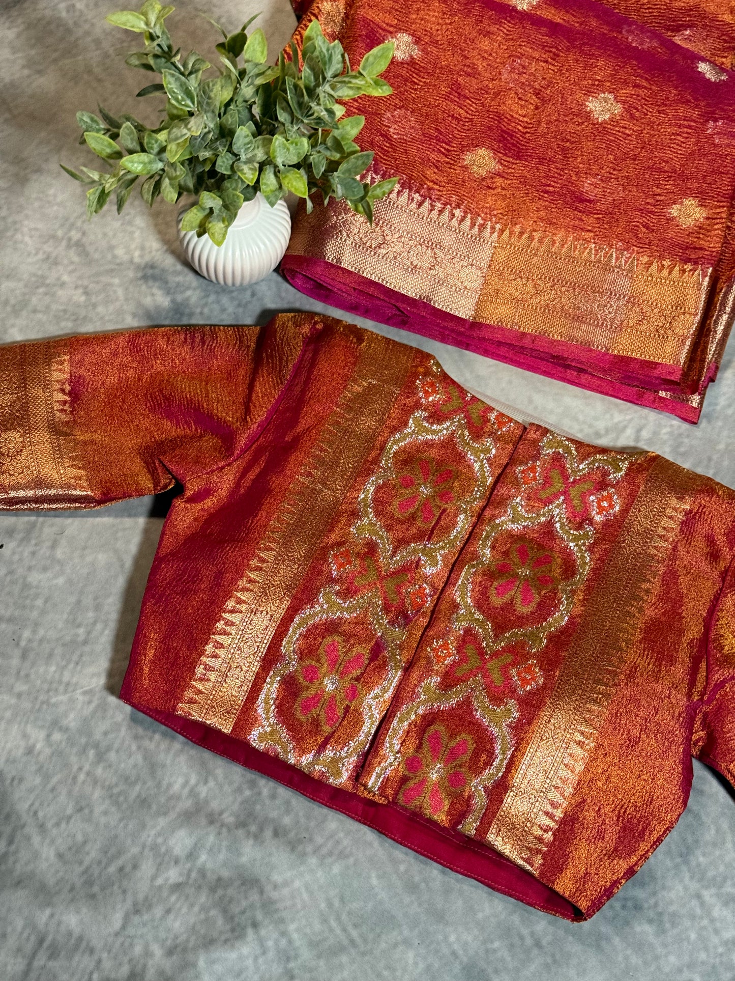 Crush Tissue Saree in Pinkish Orange with Ornate Border and Tailored Blouse