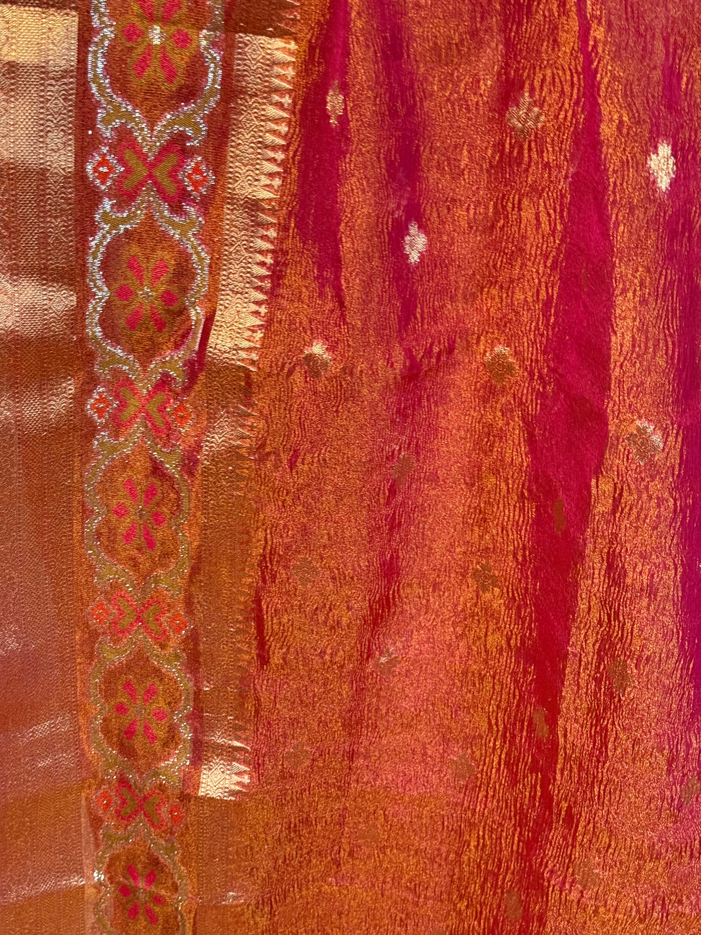 Crush Tissue Saree in Pinkish Orange with Ornate Border and Tailored Blouse