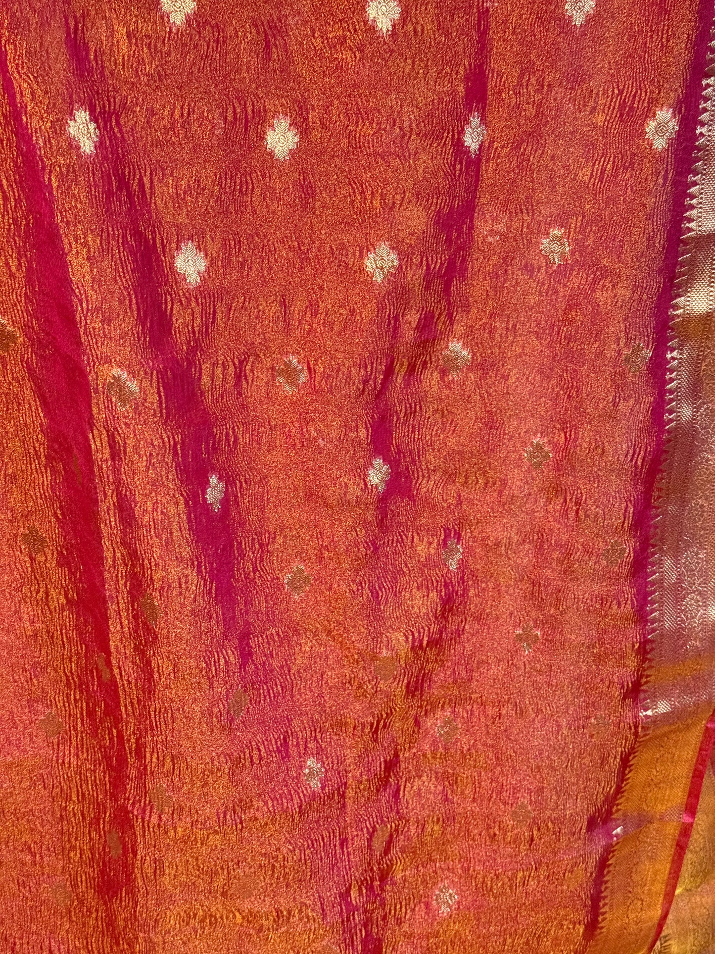 Crush Tissue Saree in Pinkish Orange with Ornate Border and Tailored Blouse