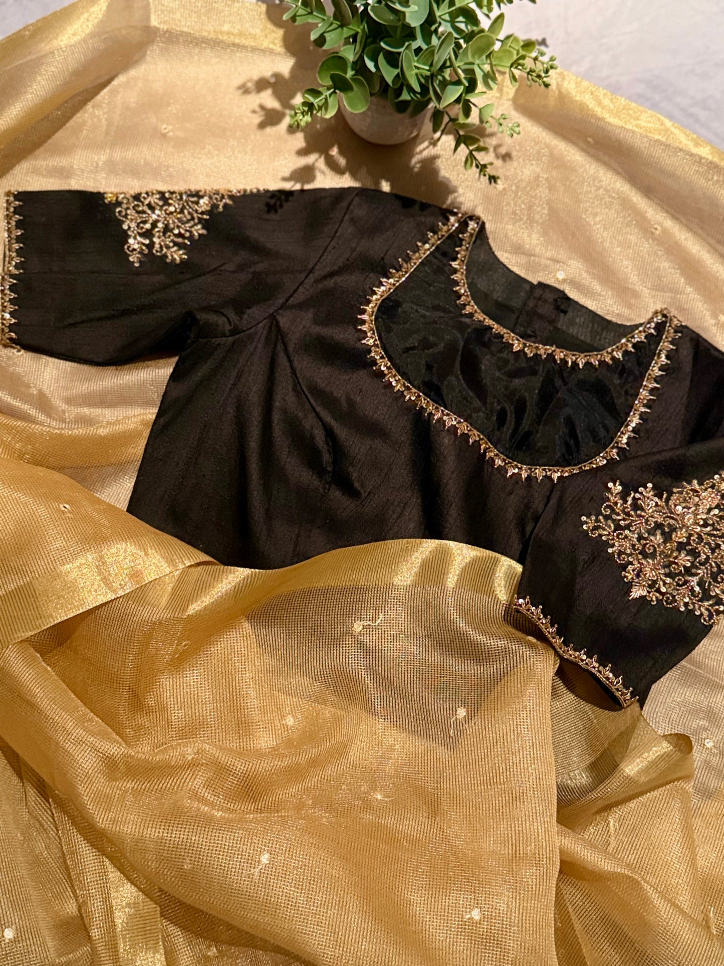 Designer Raw Silk Blouse with Rich Embroidery and Organza Fusion Neckline