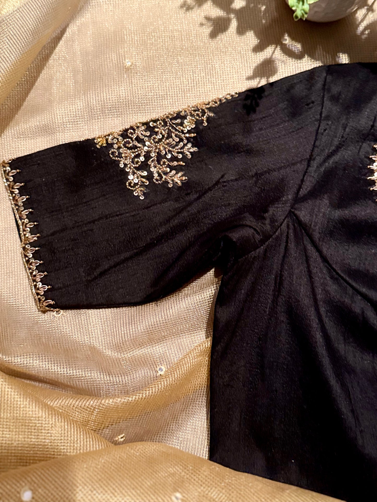 Designer Raw Silk Blouse with Rich Embroidery and Organza Fusion Neckline