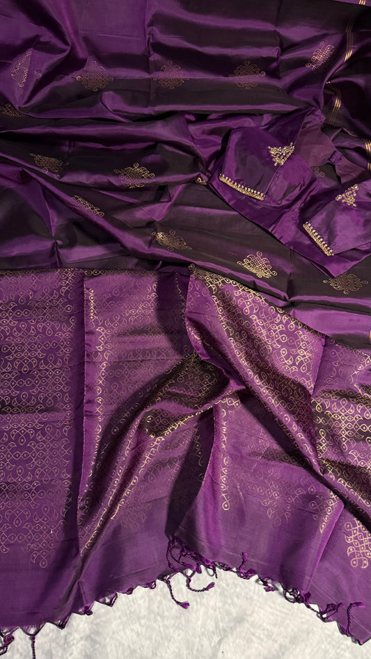 Elegant Violet Soft Silk Saree Featuring Kolam Design with Ready Stitched Blouse