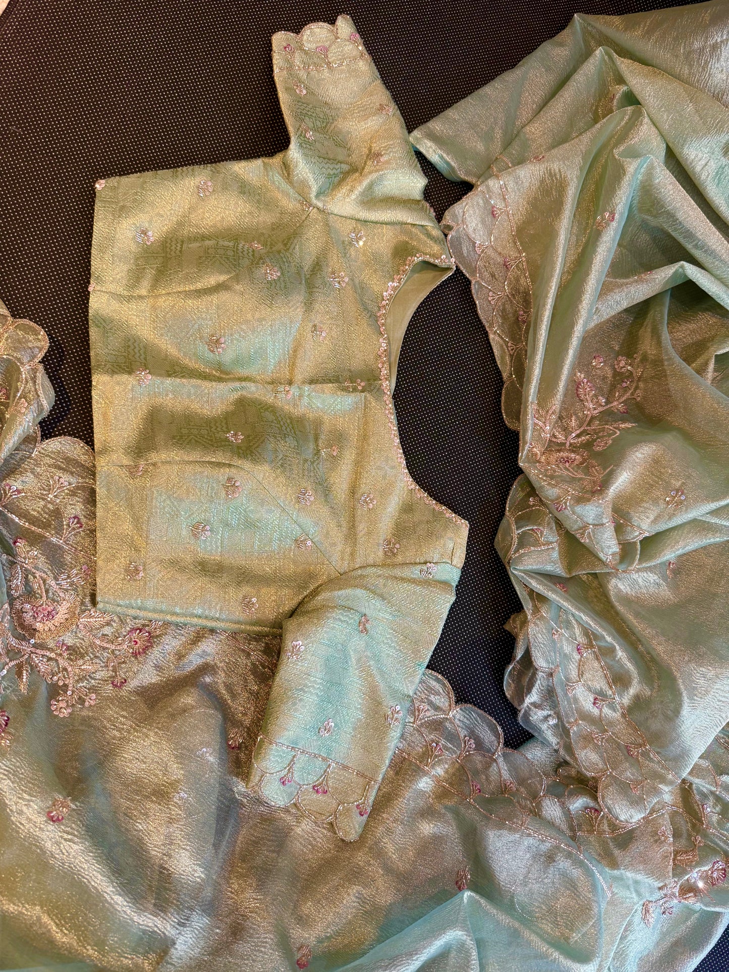 Luxury Pista Green Crushed Tissue Silk Saree with Gold Hand Embroidery and Ready-to-Wear Blouse