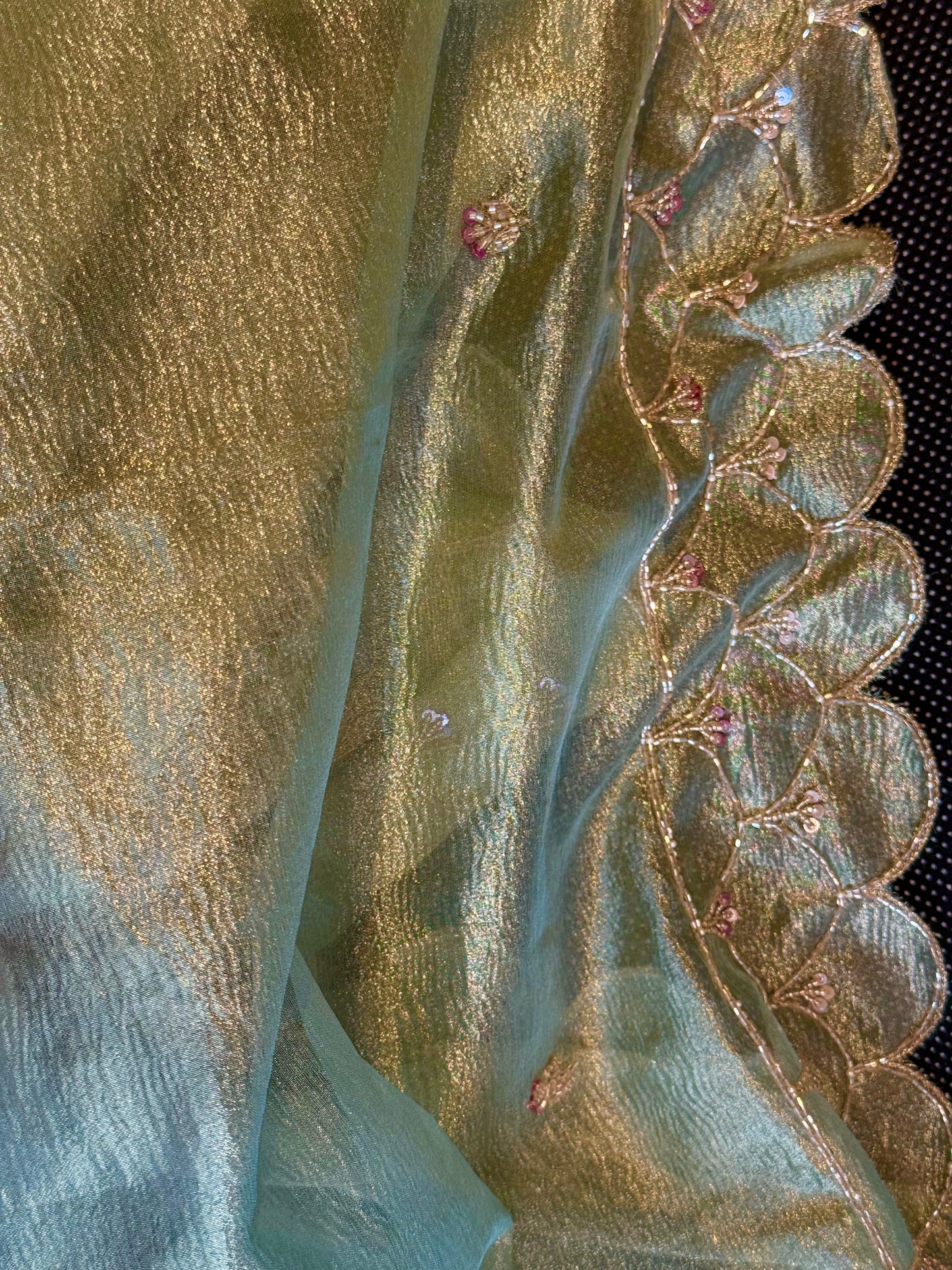 Luxury Pista Green Crushed Tissue Silk Saree with Gold Hand Embroidery and Ready-to-Wear Blouse