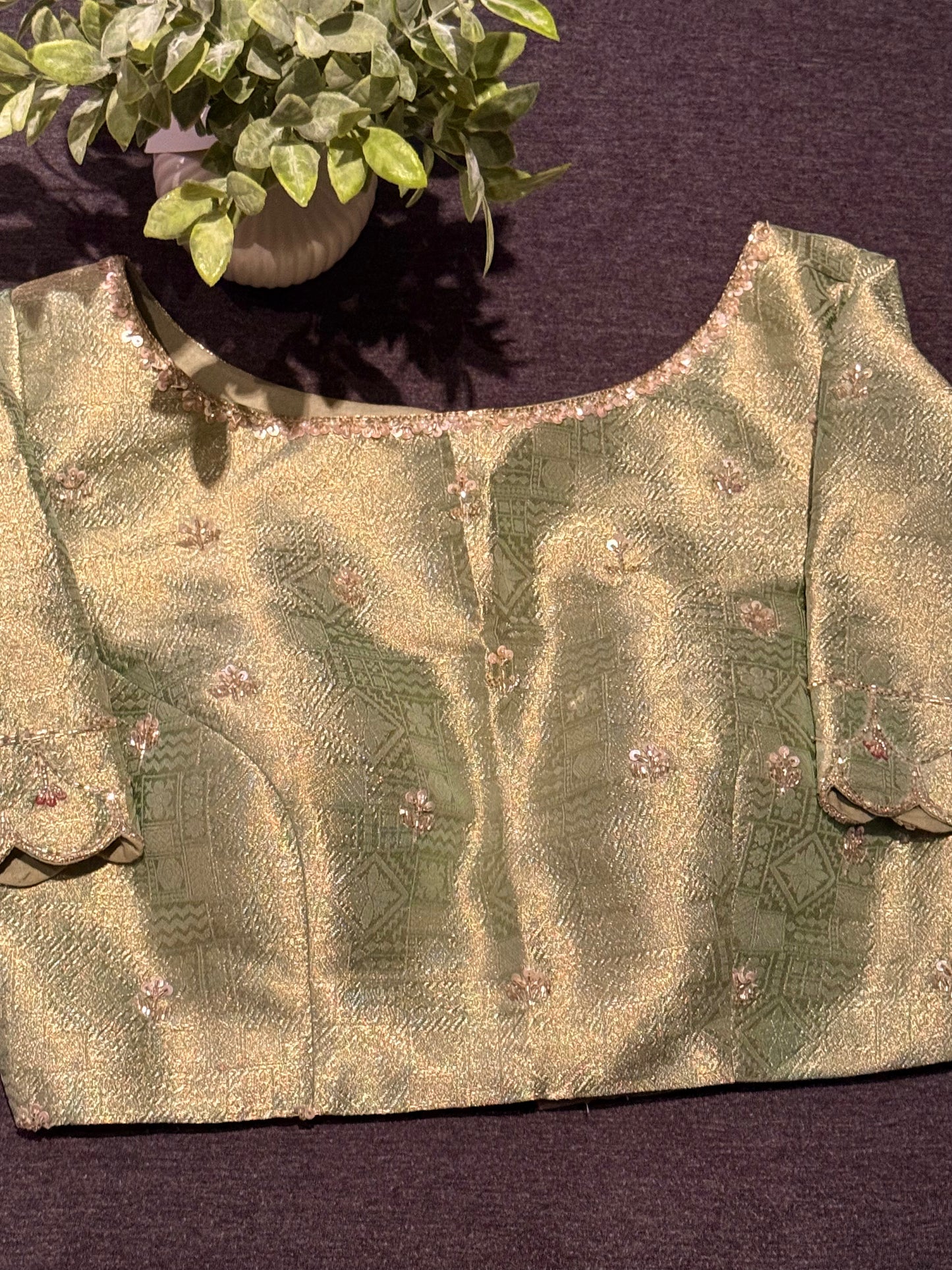 Luxury Pista Green Crushed Tissue Silk Saree with Gold Hand Embroidery and Ready-to-Wear Blouse