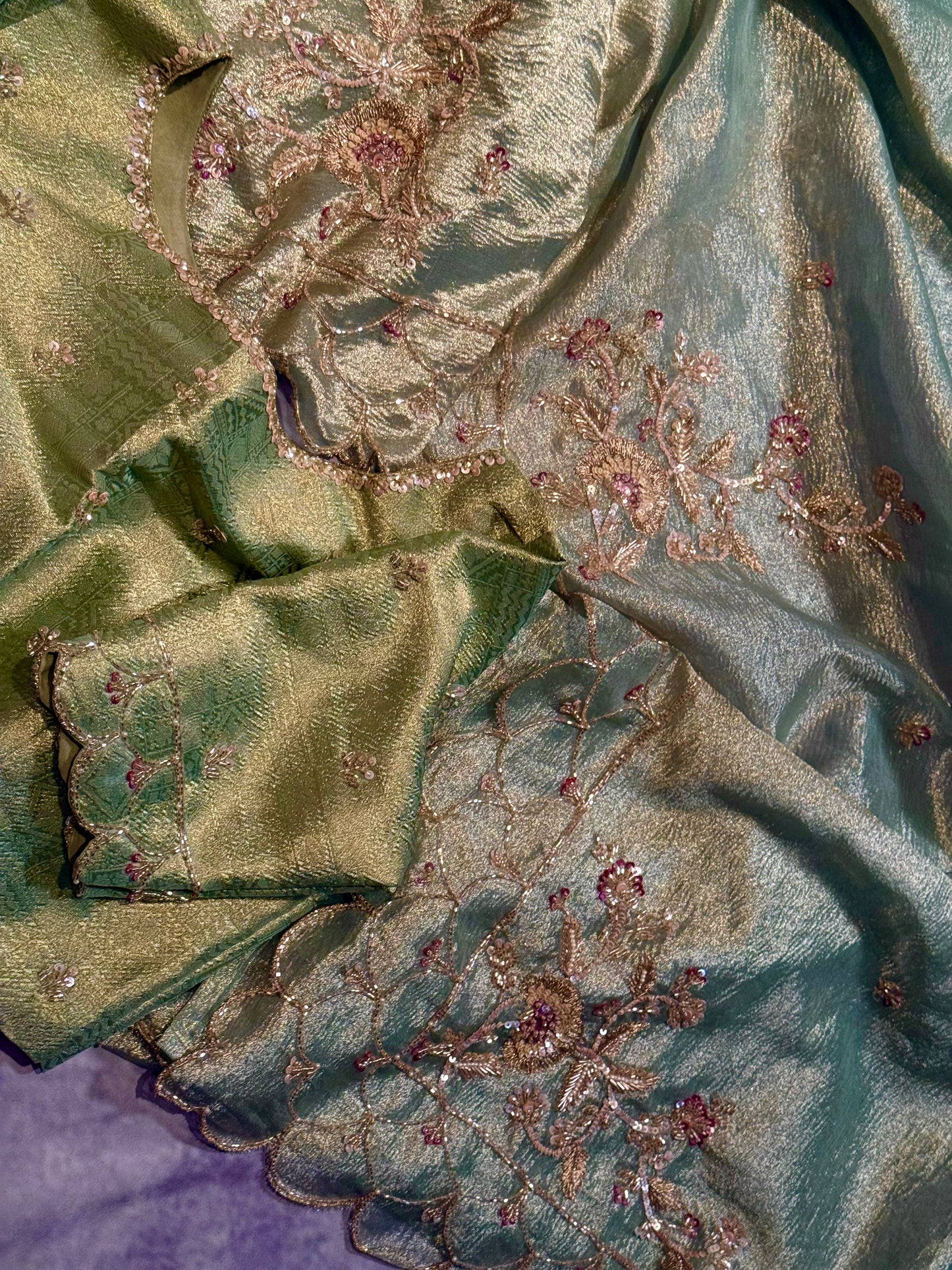 Luxury Pista Green Crushed Tissue Silk Saree with Gold Hand Embroidery and Ready-to-Wear Blouse