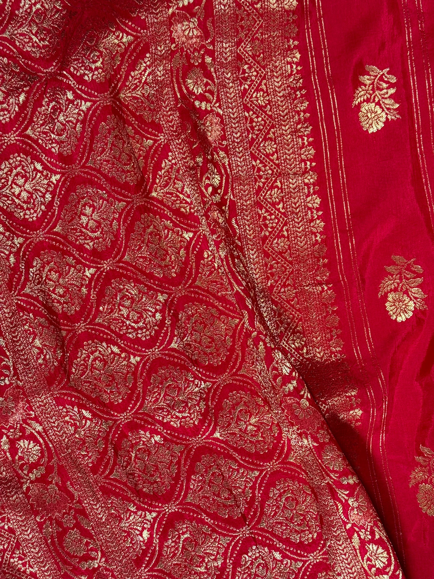 Red Designer Saree with Golden Zari Border and Stitched Blouse
