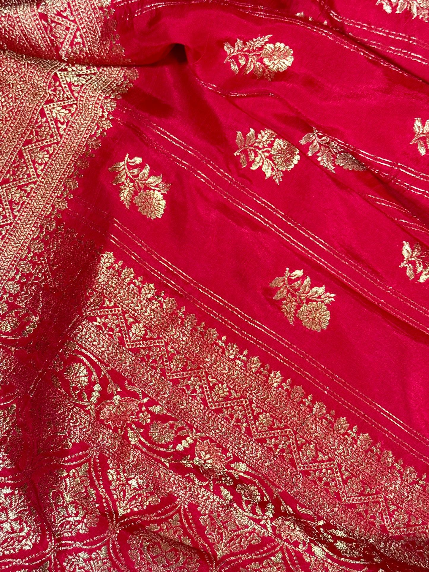 Red Designer Saree with Golden Zari Border and Stitched Blouse