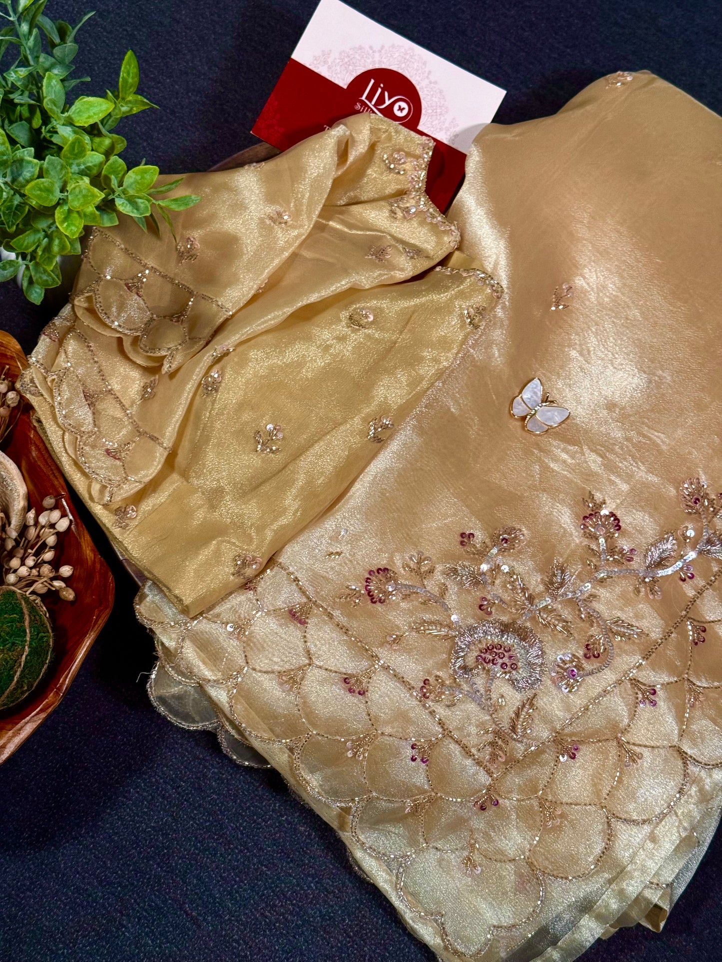 Luxury Gold Yellow Organza Silk Saree with Hand Embroidery Work and Ready-to-Wear Blouse