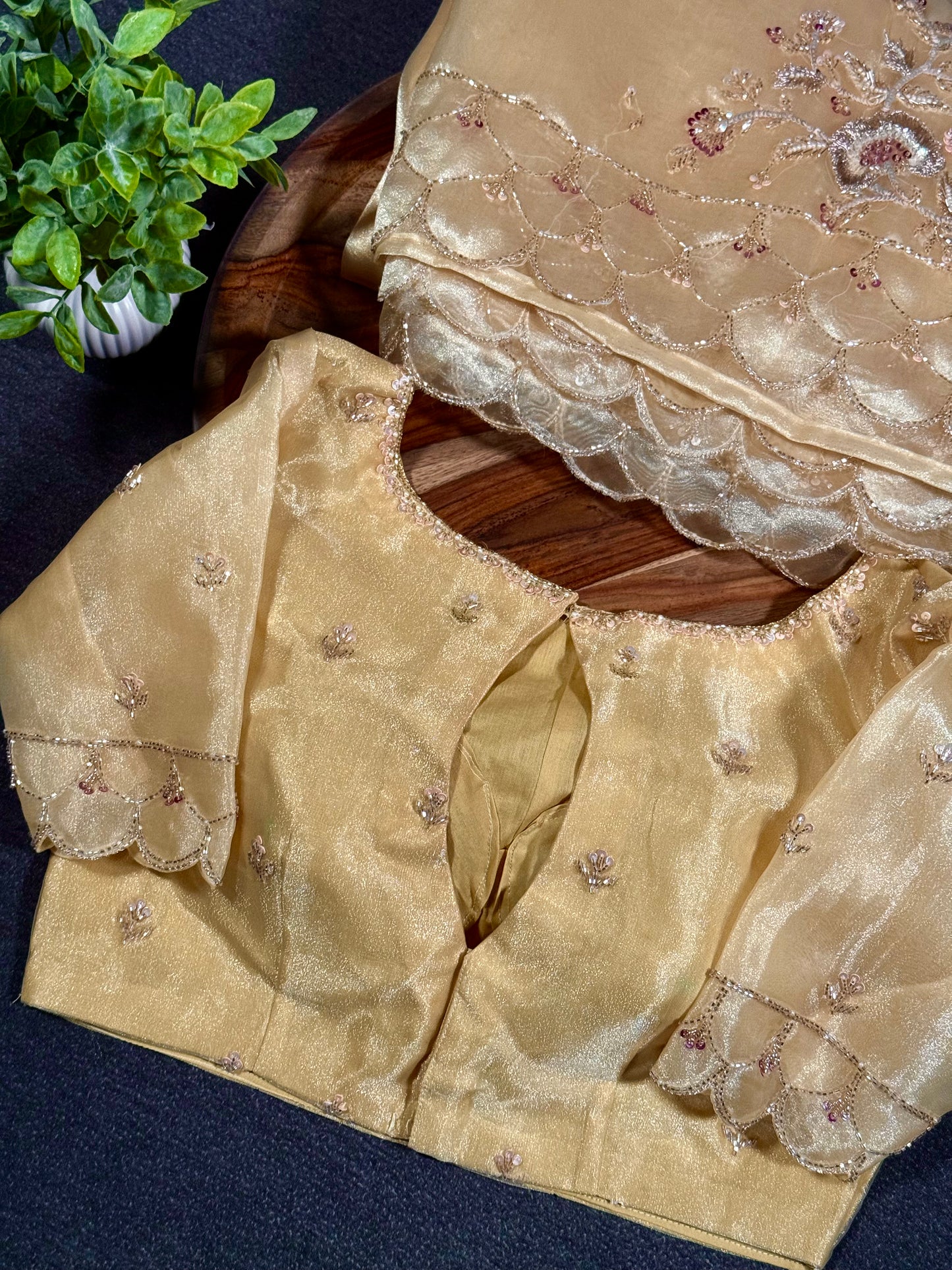 Luxury Gold Yellow Organza Silk Saree with Hand Embroidery Work and Ready-to-Wear Blouse