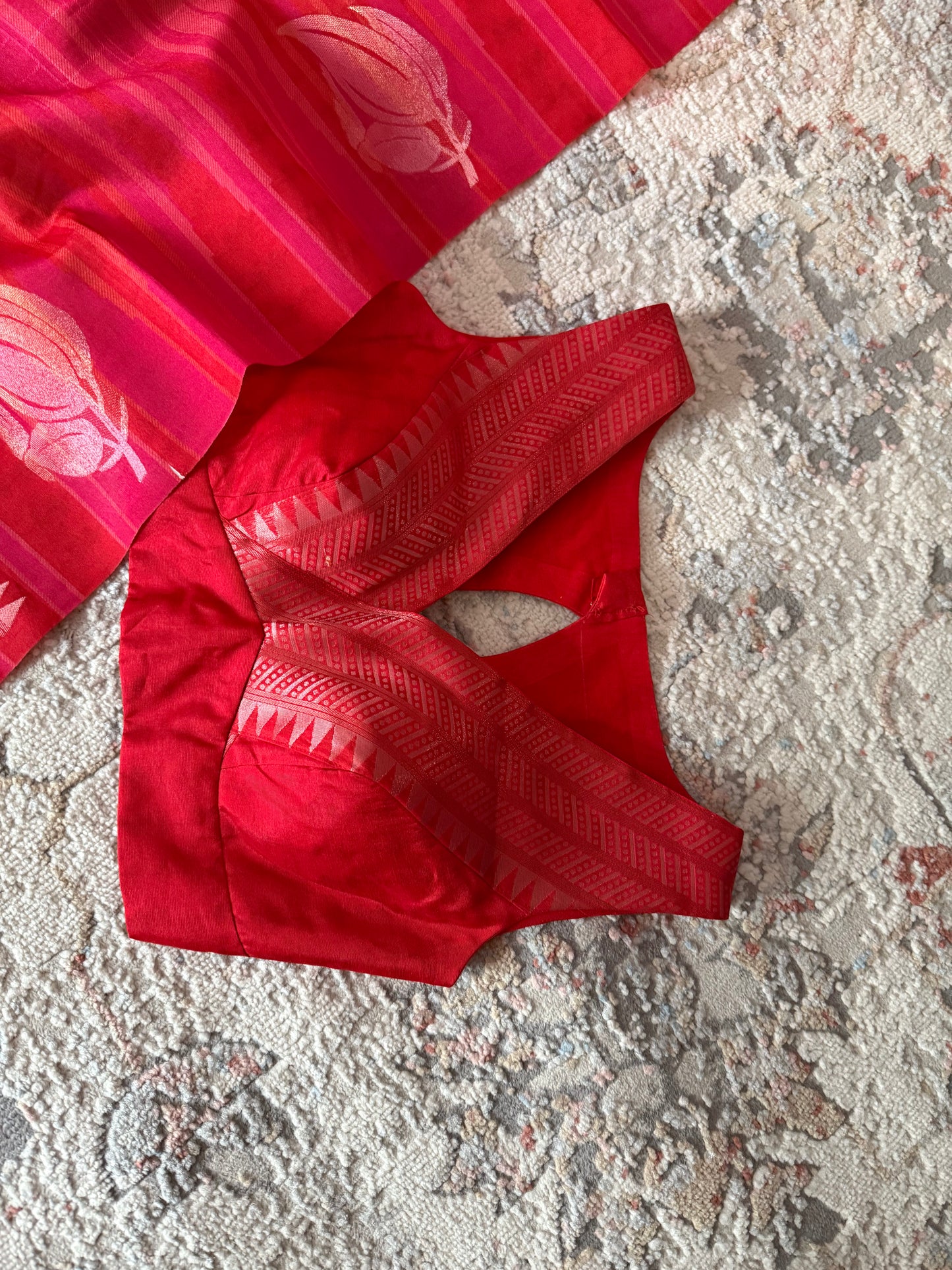 Elegant Red Semi Mashru Silk Saree with Zari Leaf Motifs and Ready Stitched Sleeveless Blouse