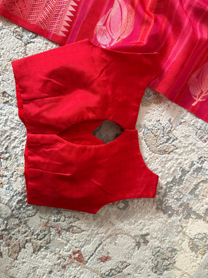 Elegant Red Semi Mashru Silk Saree with Zari Leaf Motifs and Ready Stitched Sleeveless Blouse