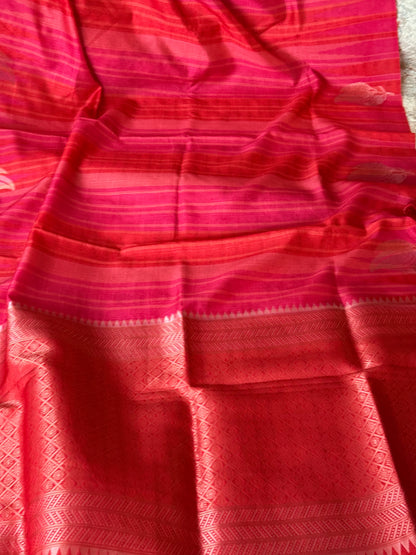 Elegant Red Semi Mashru Silk Saree with Zari Leaf Motifs and Ready Stitched Sleeveless Blouse