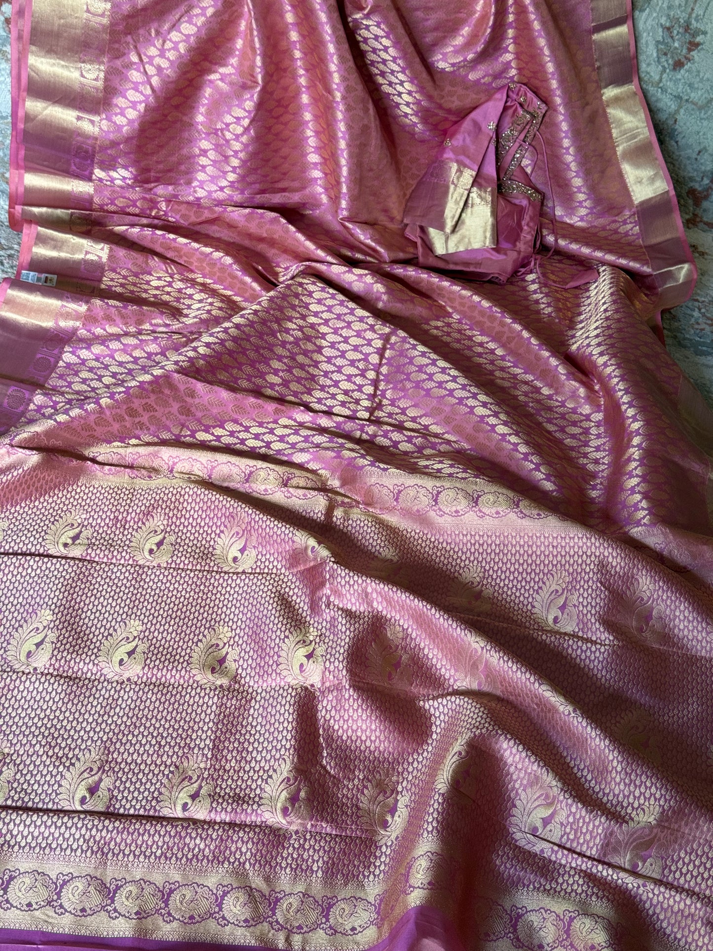 Luxury Pink Kanchipuram Silk Saree with Gold Zari Borders and Embroidered Stitched Blouse