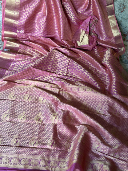Luxury Pink Kanchipuram Silk Saree with Gold Zari Borders and Embroidered Stitched Blouse